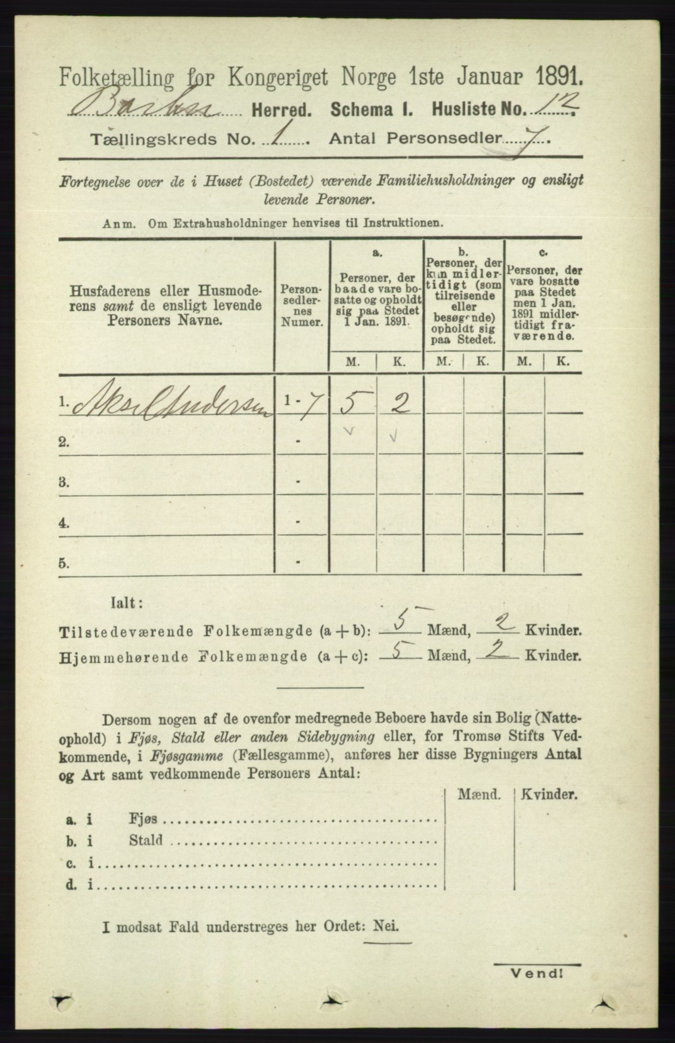 RA, Folketelling 1891 for 0990 Barbu herred, 1891, s. 43