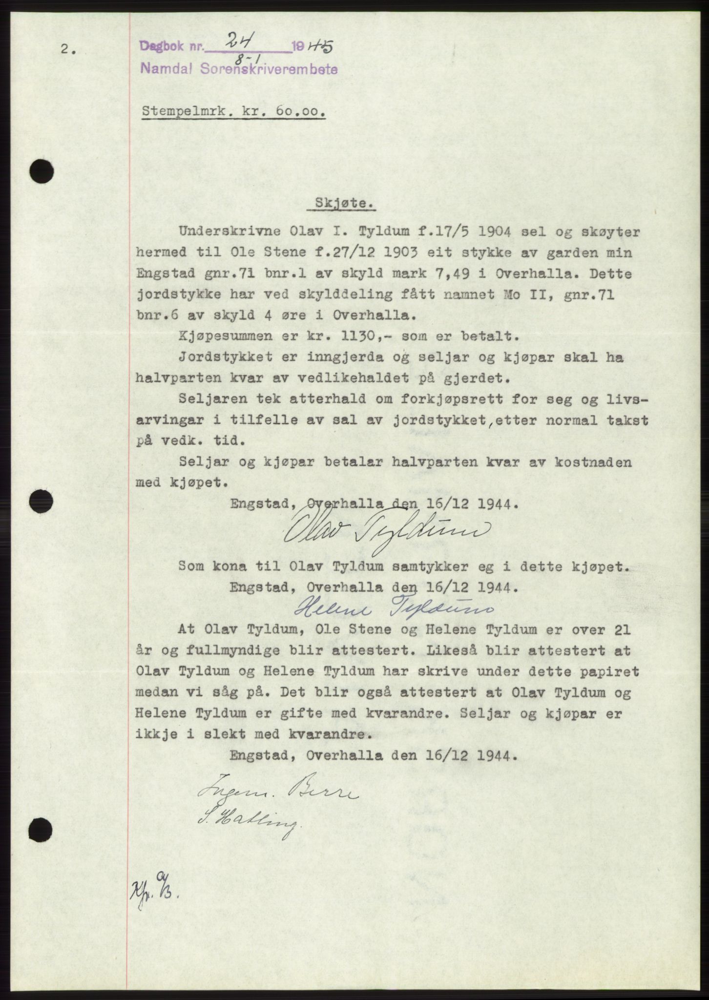 Namdal sorenskriveri, SAT/A-4133/1/2/2C: Pantebok nr. -, 1944-1945, Dagboknr: 24/1945