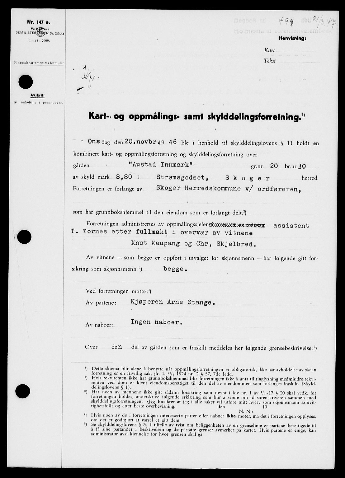 Holmestrand sorenskriveri, SAKO/A-67/G/Ga/Gaa/L0061: Pantebok nr. A-61, 1946-1947, Dagboknr: 498/1947