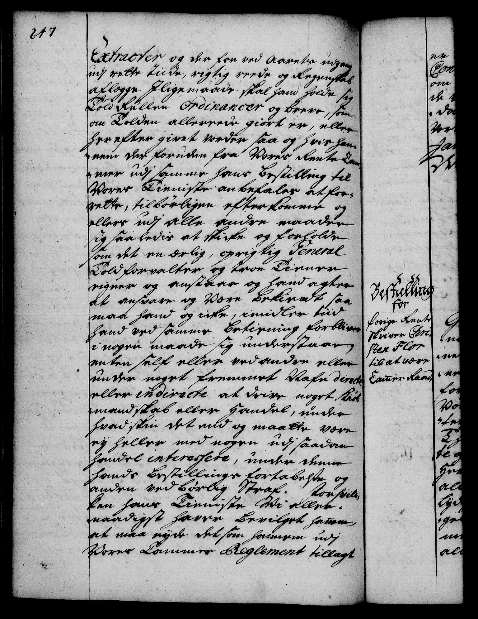 Rentekammeret, Kammerkanselliet, AV/RA-EA-3111/G/Gg/Gge/L0002: Norsk bestallingsprotokoll med register (merket RK 53.26), 1730-1744, s. 247