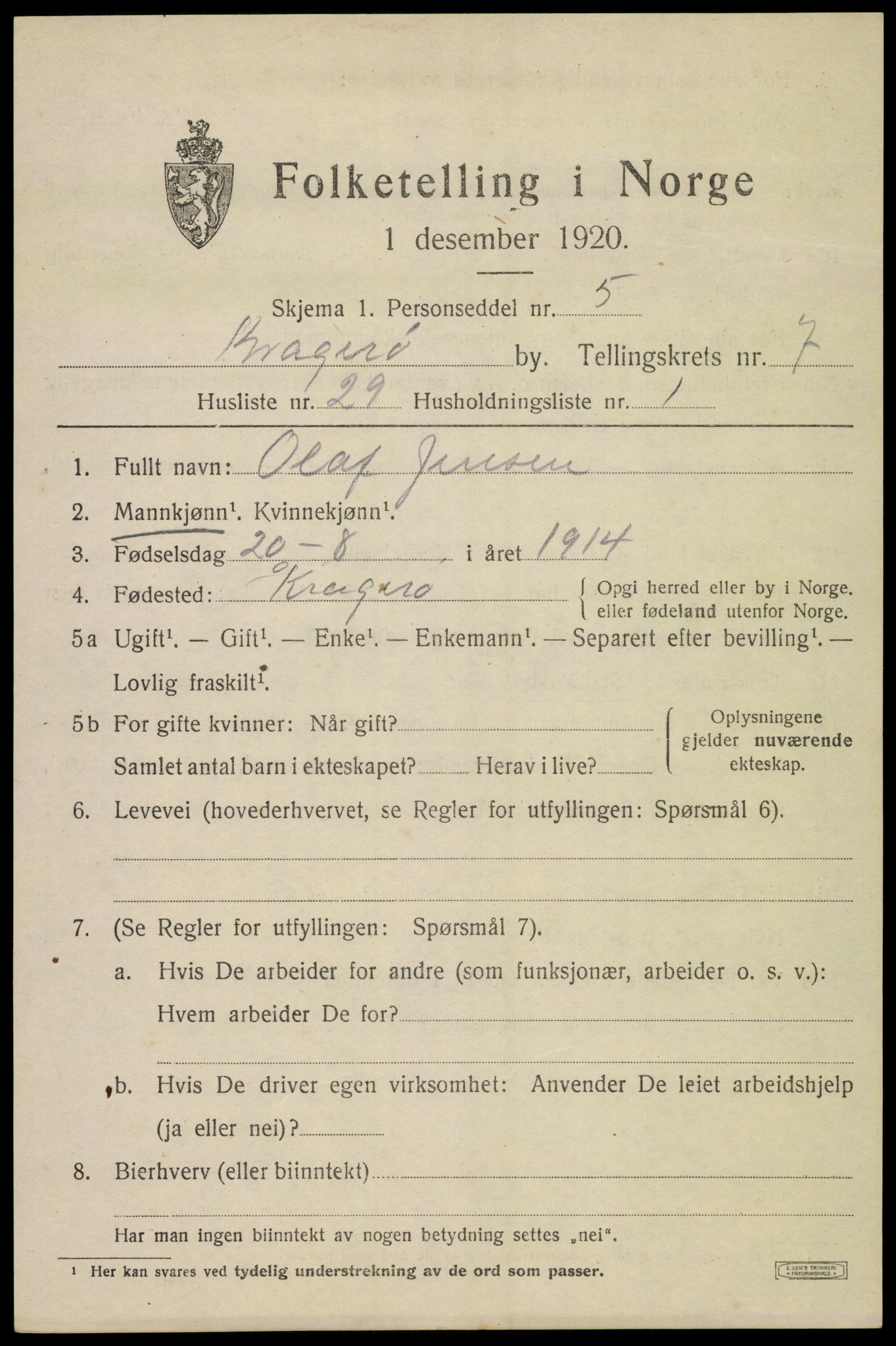 SAKO, Folketelling 1920 for 0801 Kragerø kjøpstad, 1920, s. 10021