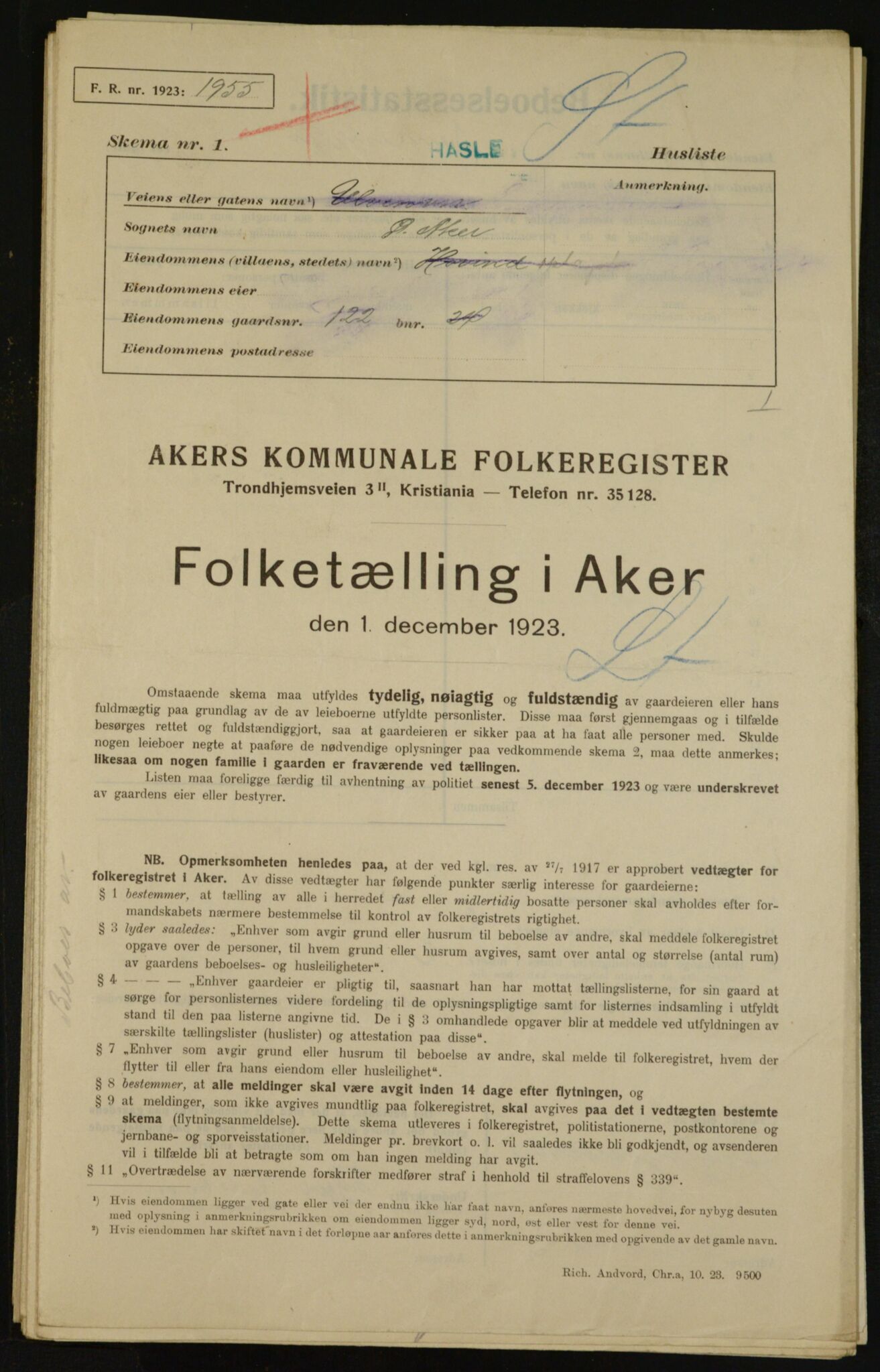 , Kommunal folketelling 1.12.1923 for Aker, 1923, s. 34908