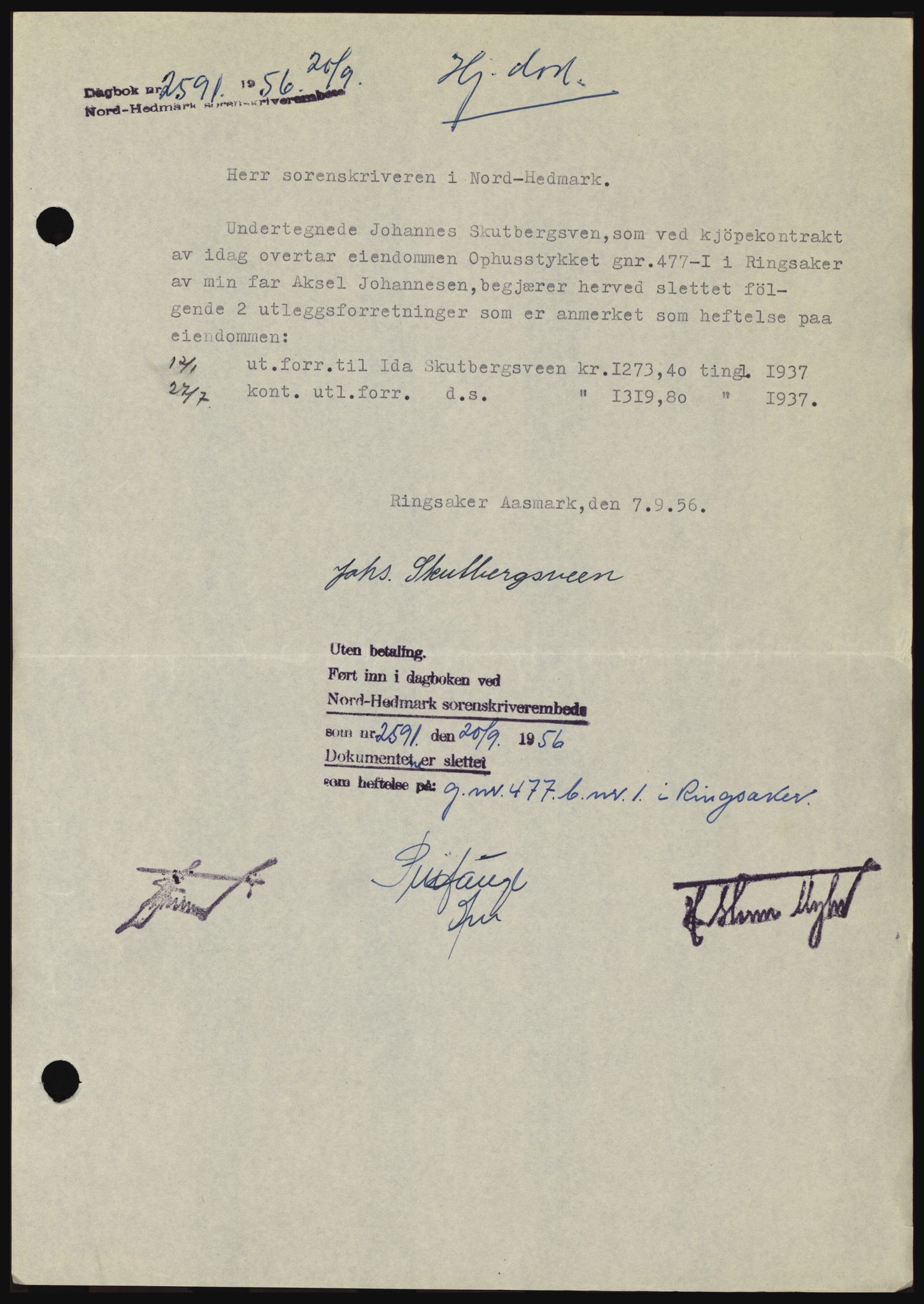 Nord-Hedmark sorenskriveri, SAH/TING-012/H/Hc/L0010: Pantebok nr. 10, 1955-1956, Dagboknr: 2591/1956
