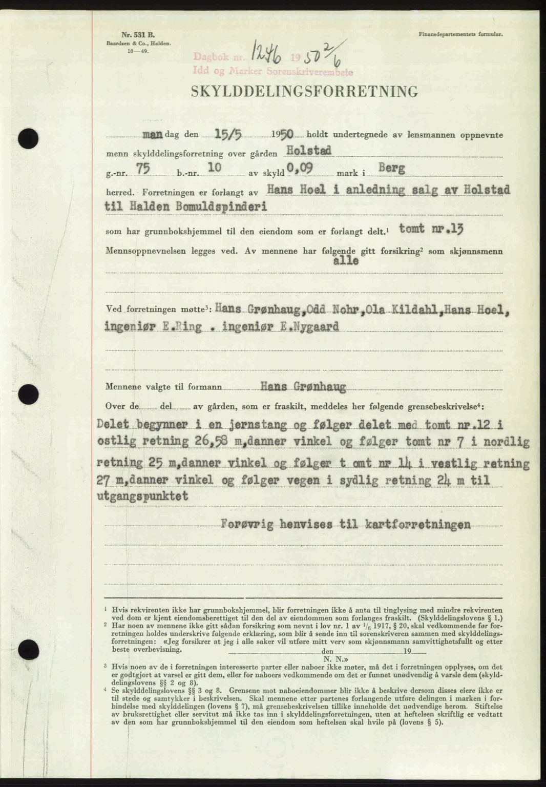 Idd og Marker sorenskriveri, AV/SAO-A-10283/G/Gb/Gbb/L0014: Pantebok nr. A14, 1950-1950, Dagboknr: 1246/1950