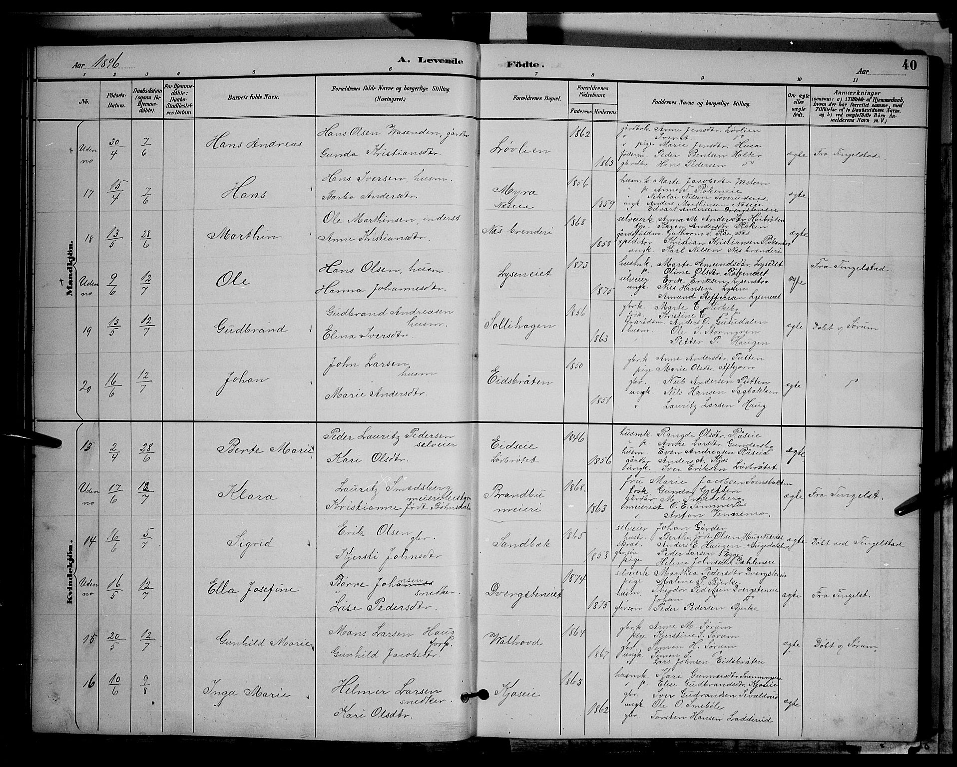Gran prestekontor, AV/SAH-PREST-112/H/Ha/Hab/L0004: Klokkerbok nr. 4, 1890-1899, s. 40
