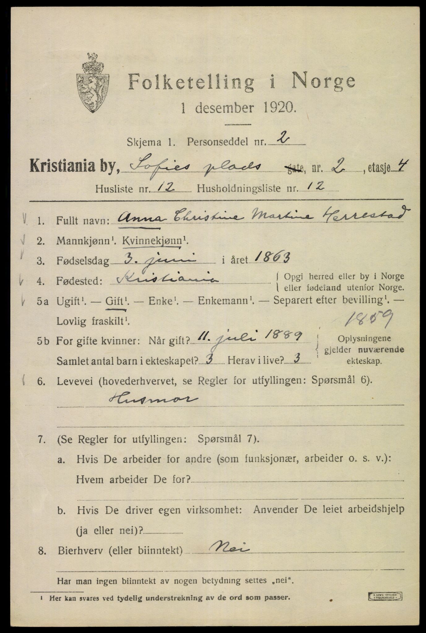 SAO, Folketelling 1920 for 0301 Kristiania kjøpstad, 1920, s. 526999