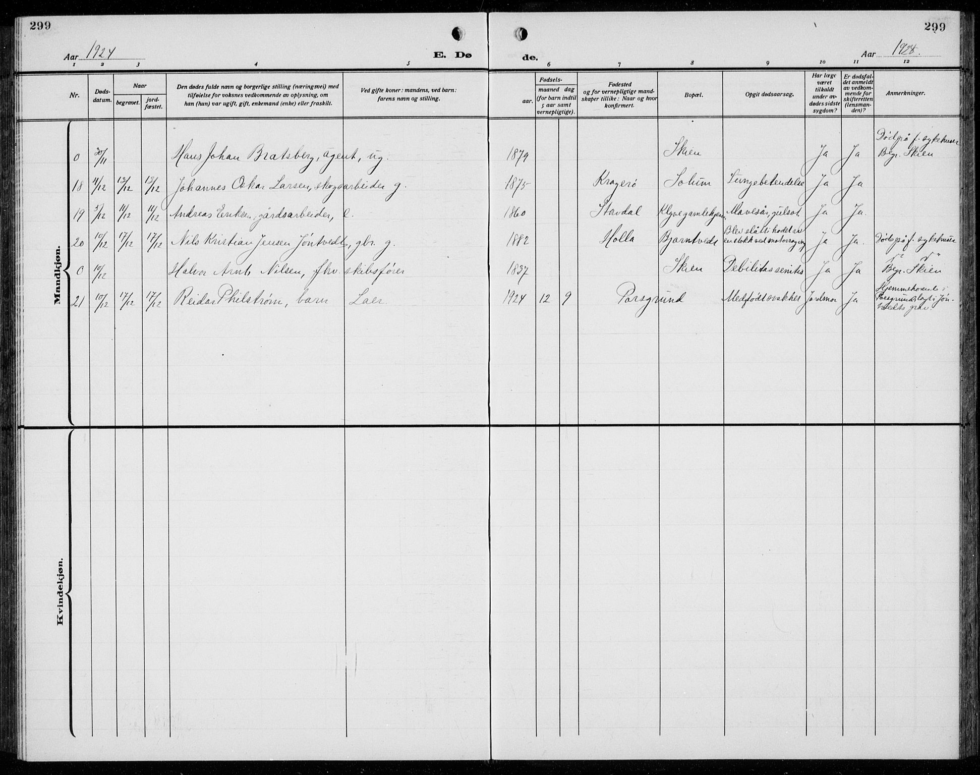 Solum kirkebøker, AV/SAKO-A-306/G/Ga/L0010: Klokkerbok nr. I 10, 1921-1937, s. 299