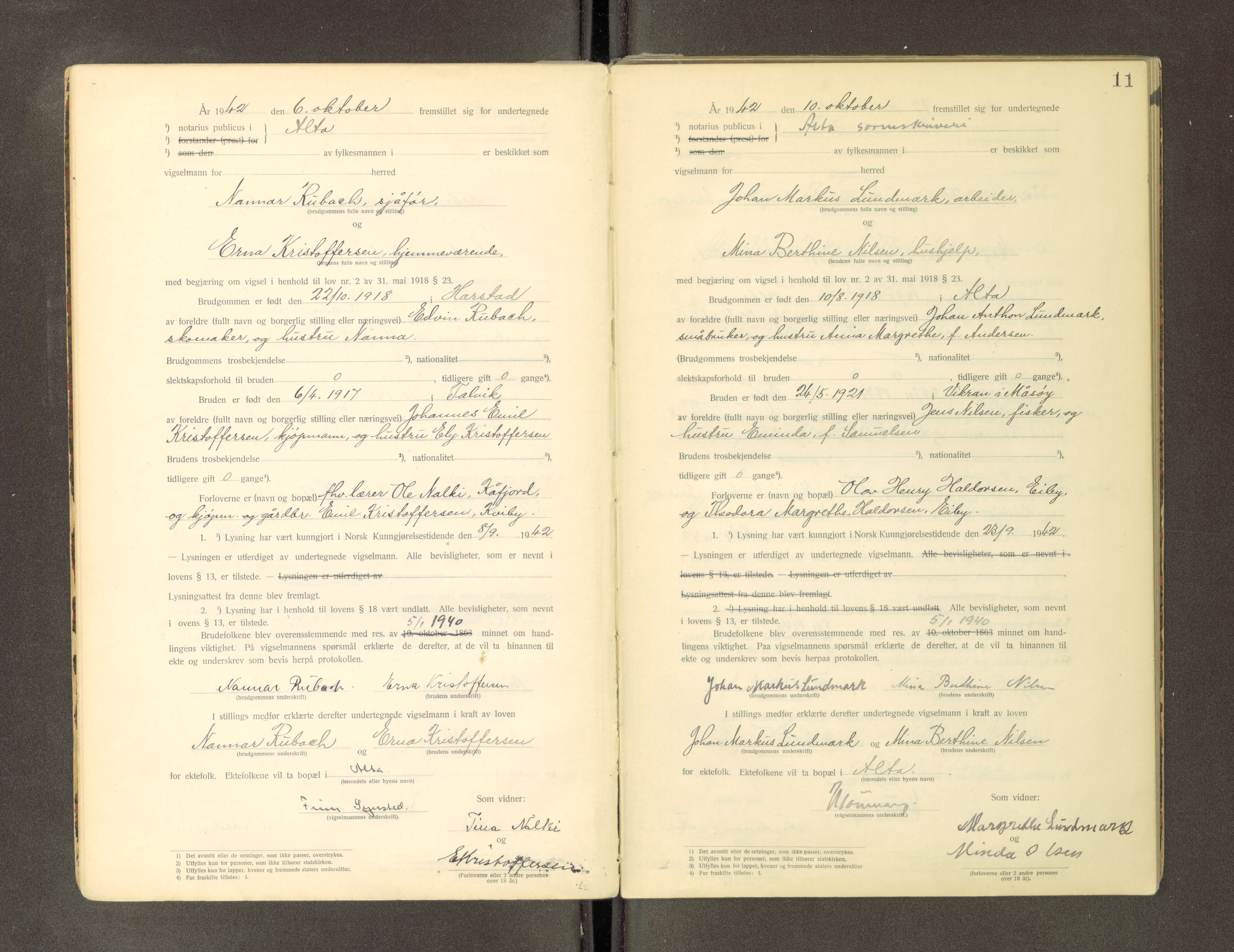 Alta fogderi/sorenskriveri, AV/SATØ-SATØ-5/3/Fd/L0034f: Vigselsprotokoll, 1920-1969, s. 11