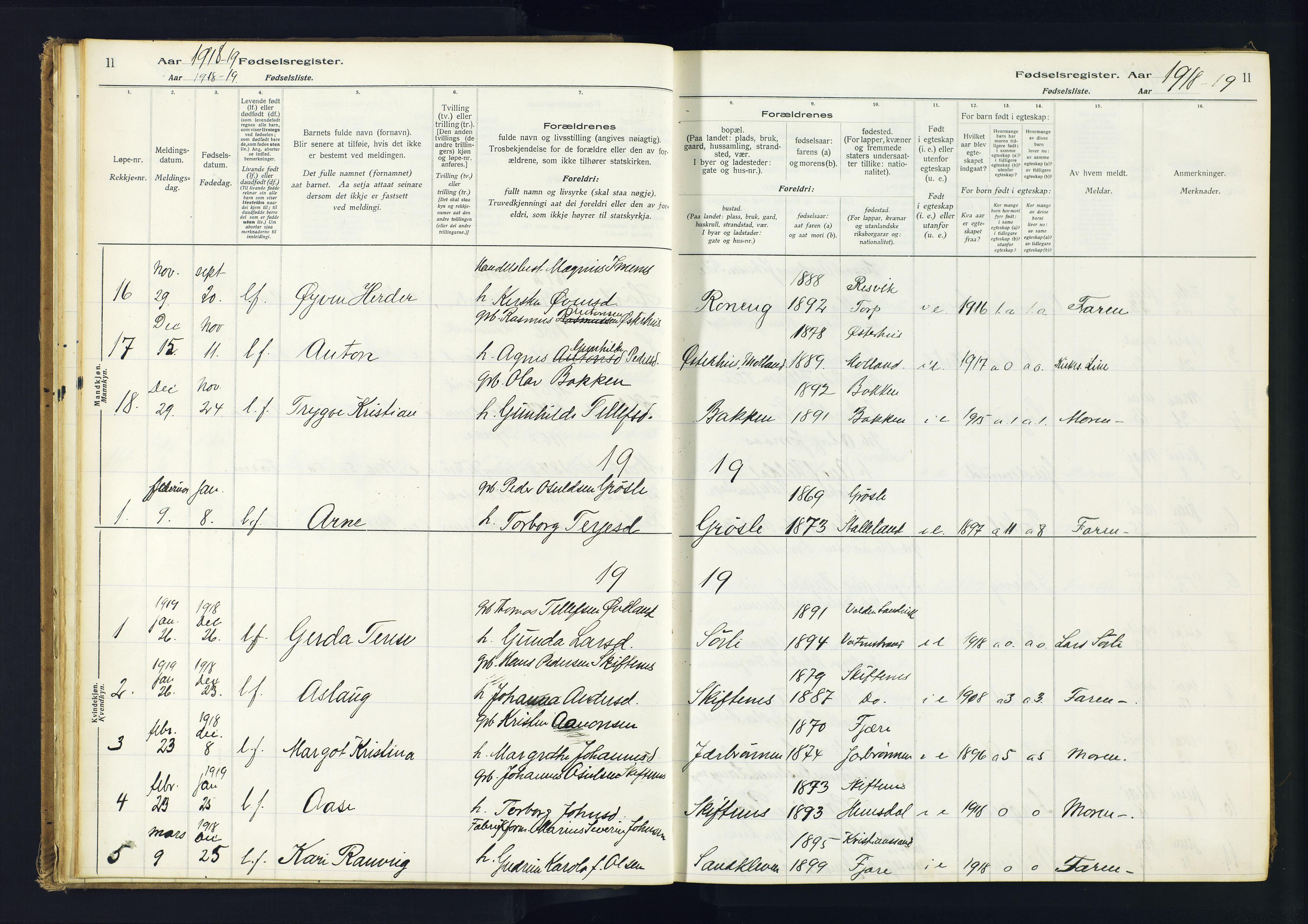 Hommedal sokneprestkontor, AV/SAK-1111-0023/J/Jd/L0001: Fødselsregister nr. 1, 1916-1962, s. 11