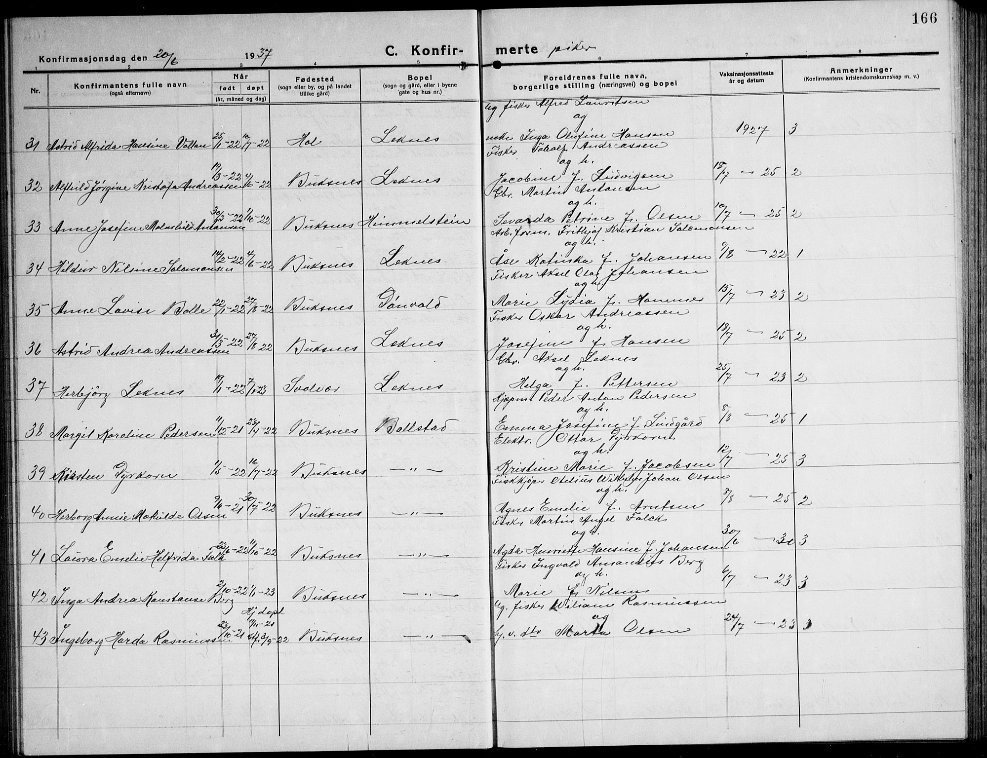 Ministerialprotokoller, klokkerbøker og fødselsregistre - Nordland, AV/SAT-A-1459/881/L1170: Klokkerbok nr. 881C07, 1930-1943, s. 166