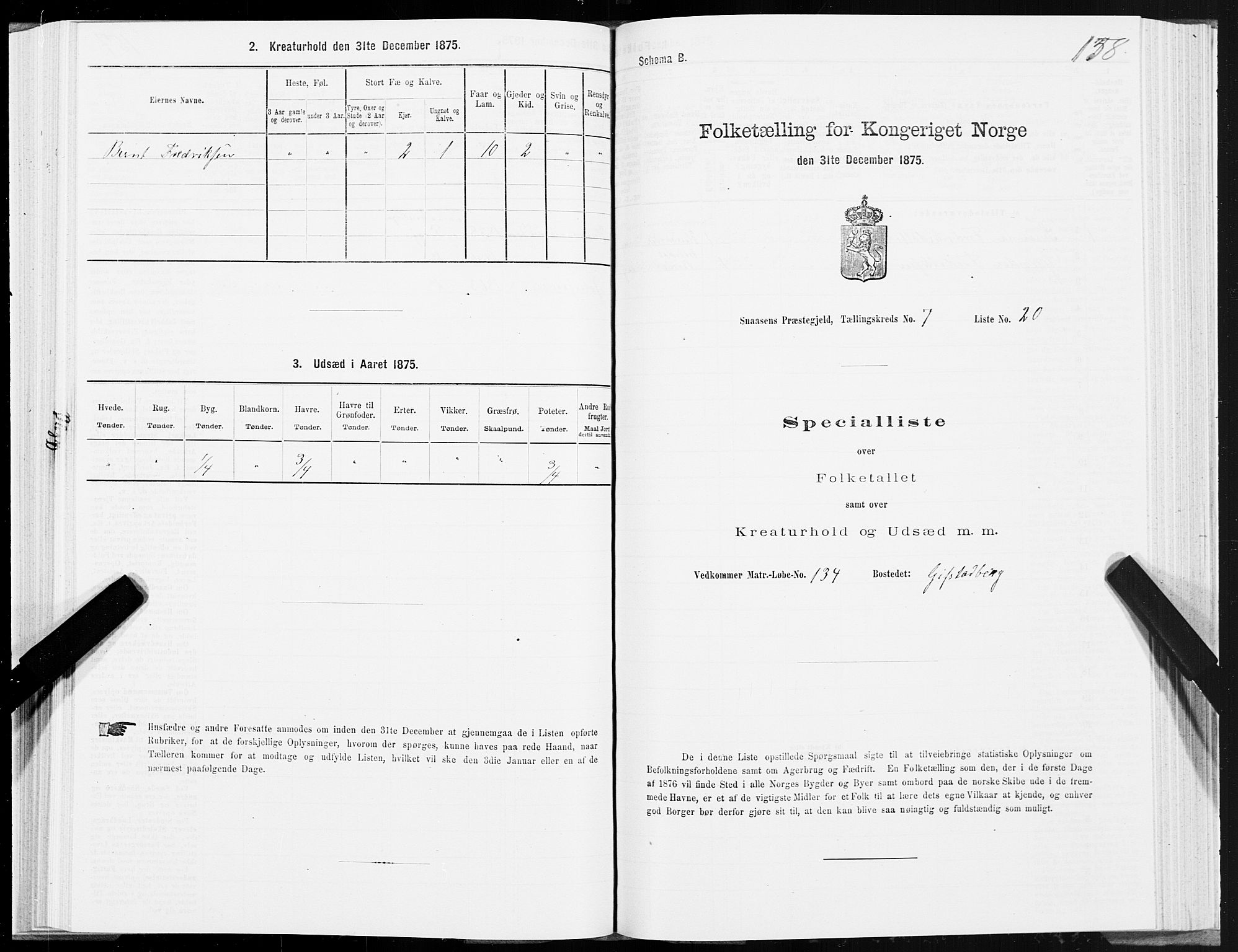 SAT, Folketelling 1875 for 1736P Snåsa prestegjeld, 1875, s. 3158