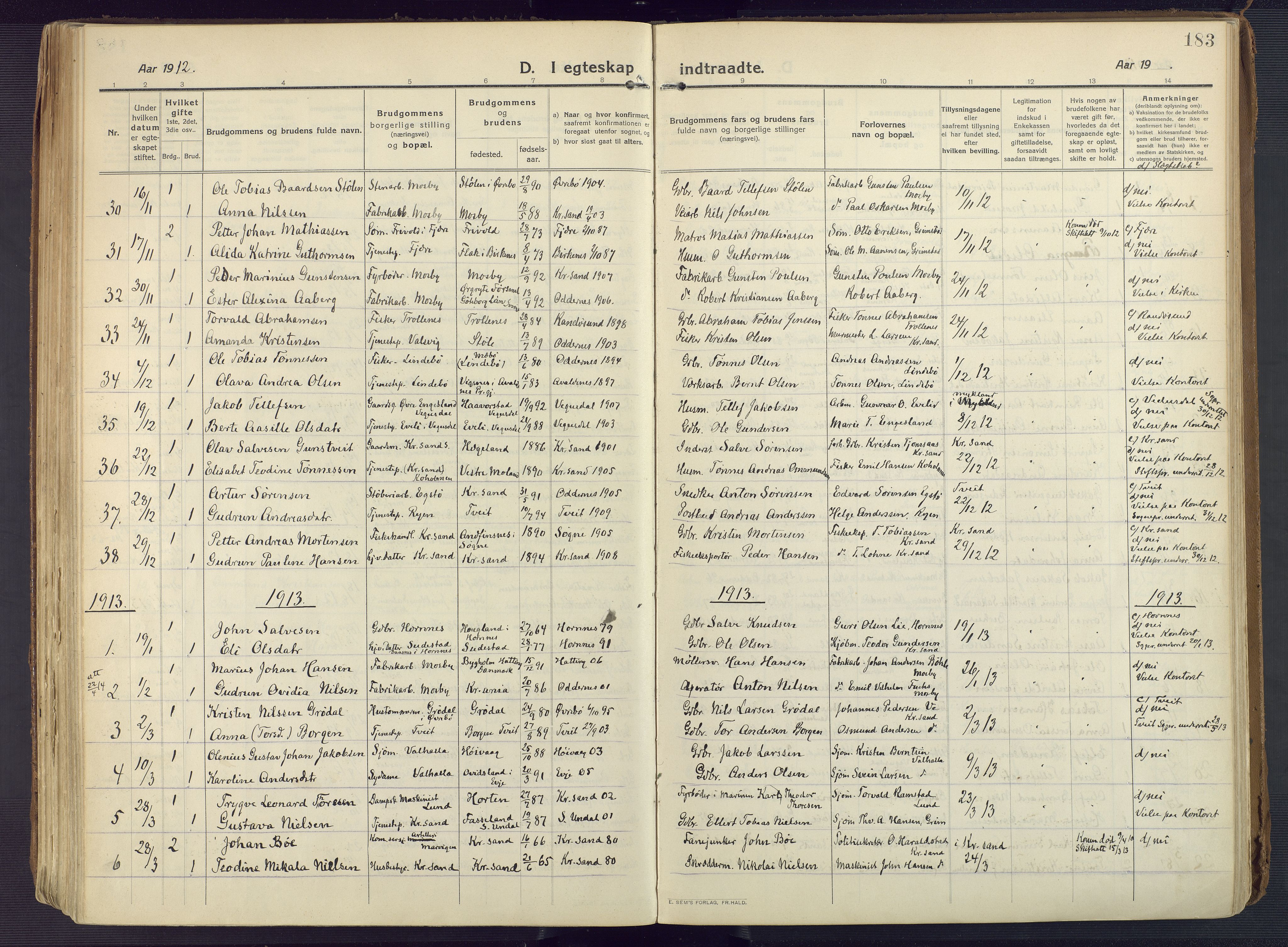 Oddernes sokneprestkontor, SAK/1111-0033/F/Fa/Faa/L0012: Ministerialbok nr. A 12, 1912-1925, s. 183