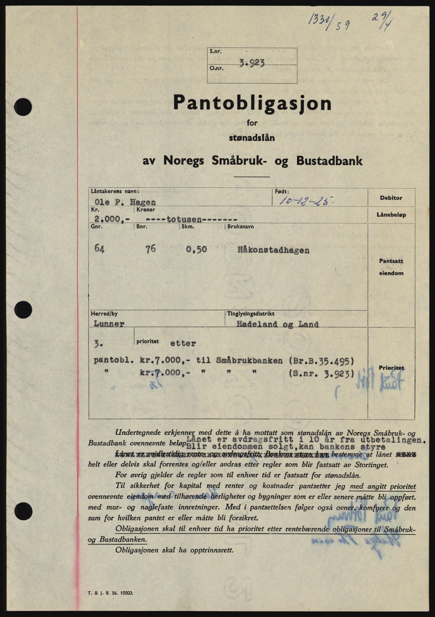 Hadeland og Land tingrett, SAH/TING-010/H/Hb/Hbc/L0040: Pantebok nr. B40, 1959-1959, Dagboknr: 1330/1959