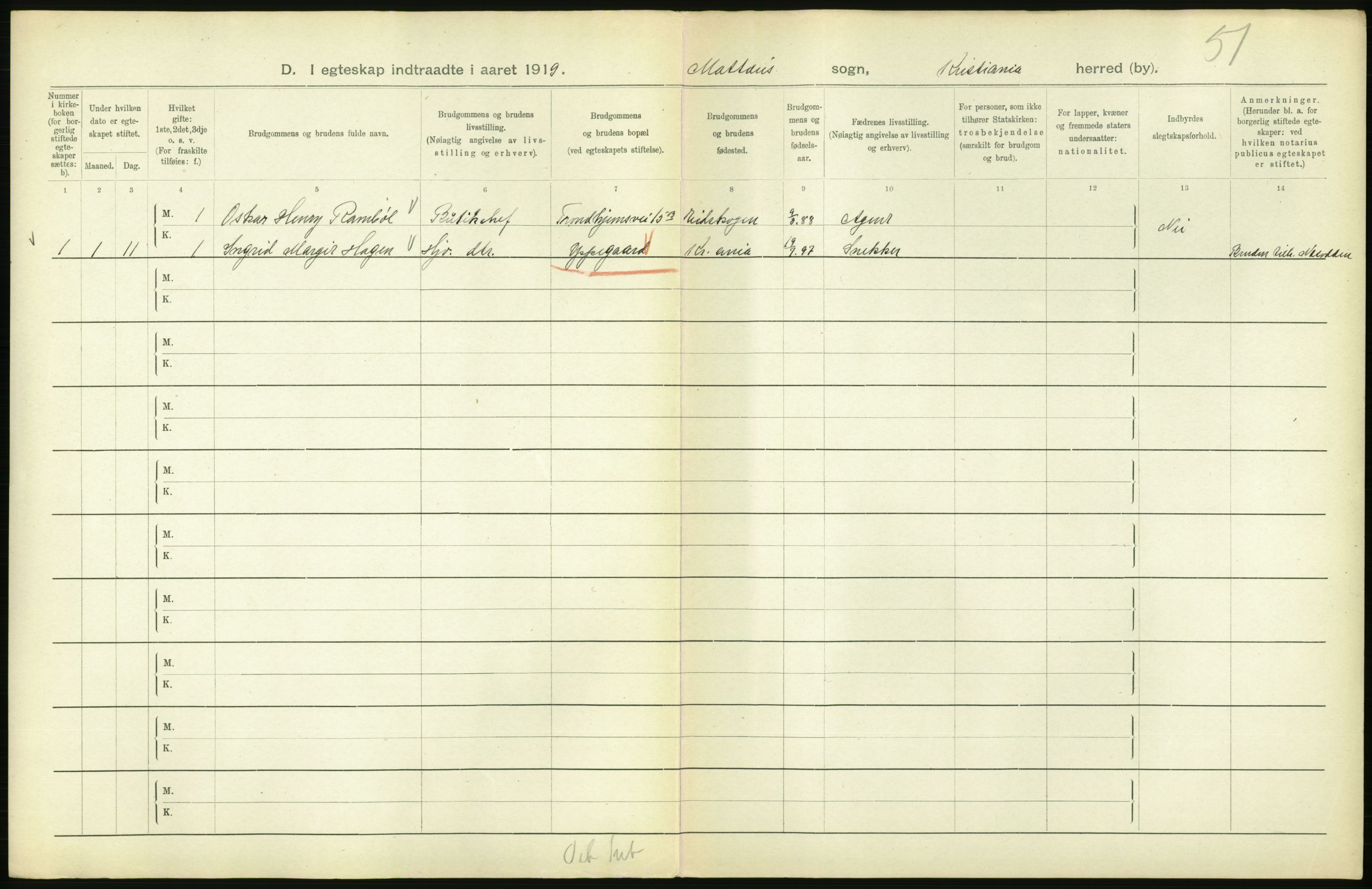 Statistisk sentralbyrå, Sosiodemografiske emner, Befolkning, AV/RA-S-2228/D/Df/Dfb/Dfbi/L0009: Kristiania: Gifte, 1919, s. 572