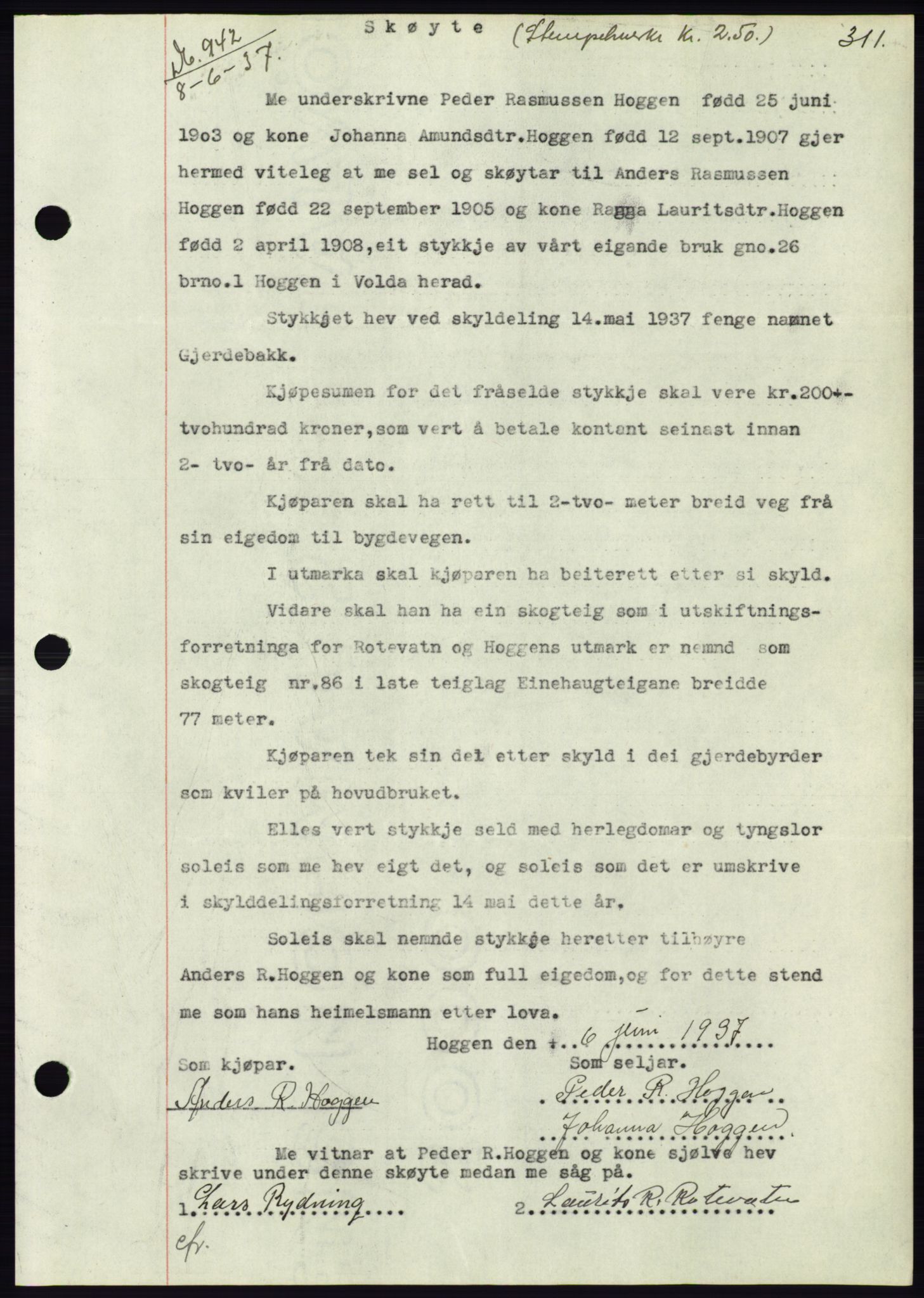 Søre Sunnmøre sorenskriveri, SAT/A-4122/1/2/2C/L0063: Pantebok nr. 57, 1937-1937, Dagboknr: 942/1937