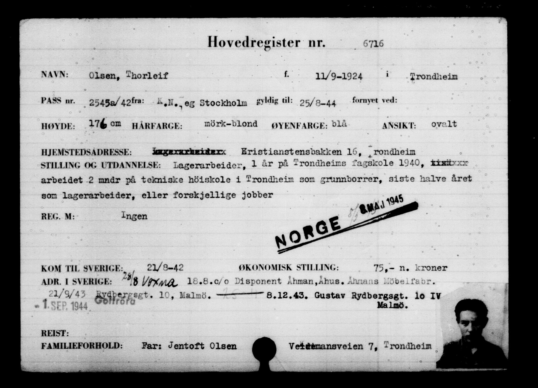 Utenriksstasjonene, Legasjonen i Stockholm, Flyktningkontoret, AV/RA-S-6753/V/Va/L0005: Kjesäterkartoteket, flyktning nr. 6600-9417, 1940-1945, s. 144