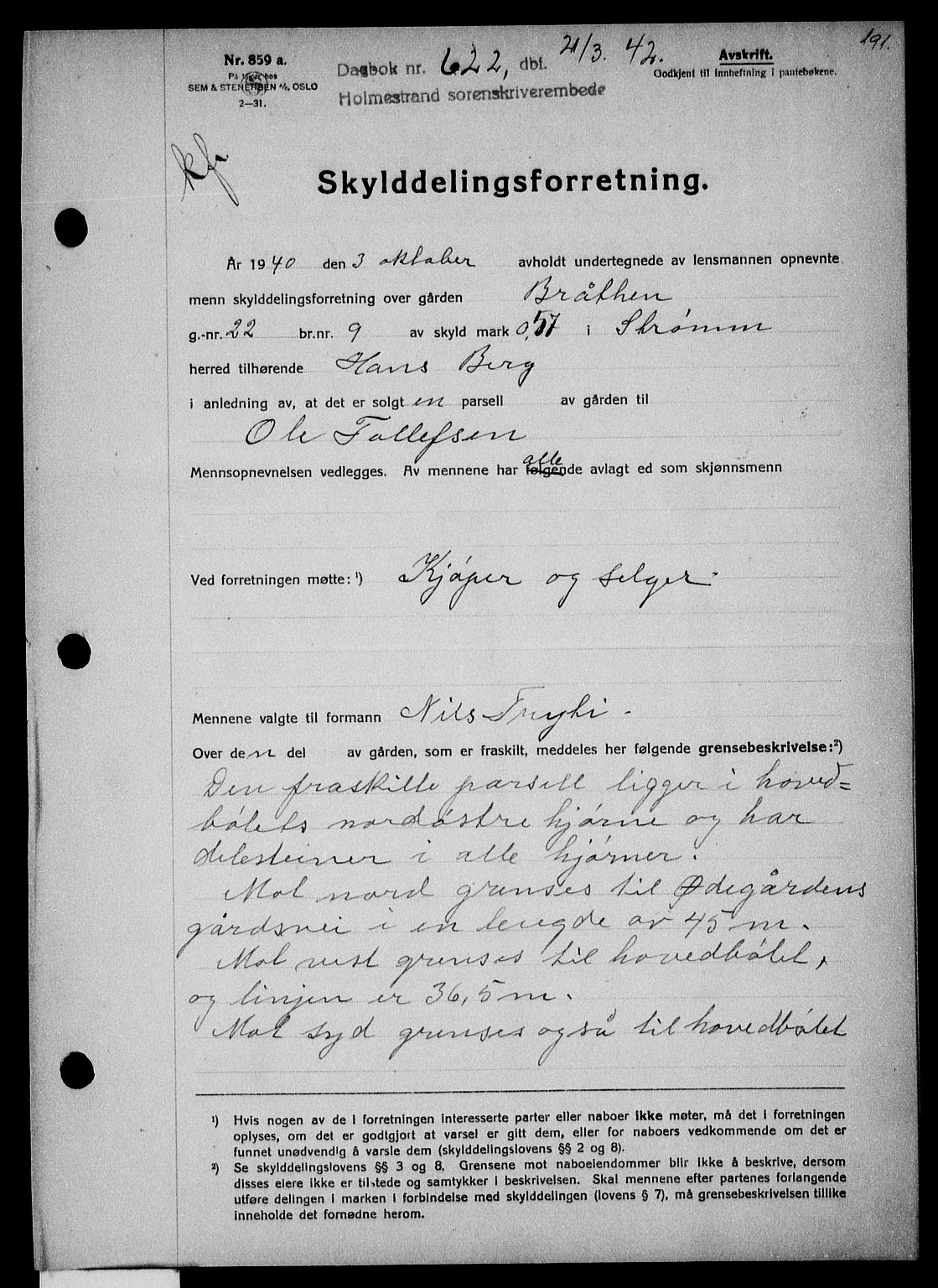 Holmestrand sorenskriveri, SAKO/A-67/G/Ga/Gaa/L0055: Pantebok nr. A-55, 1942-1942, Dagboknr: 622/1942