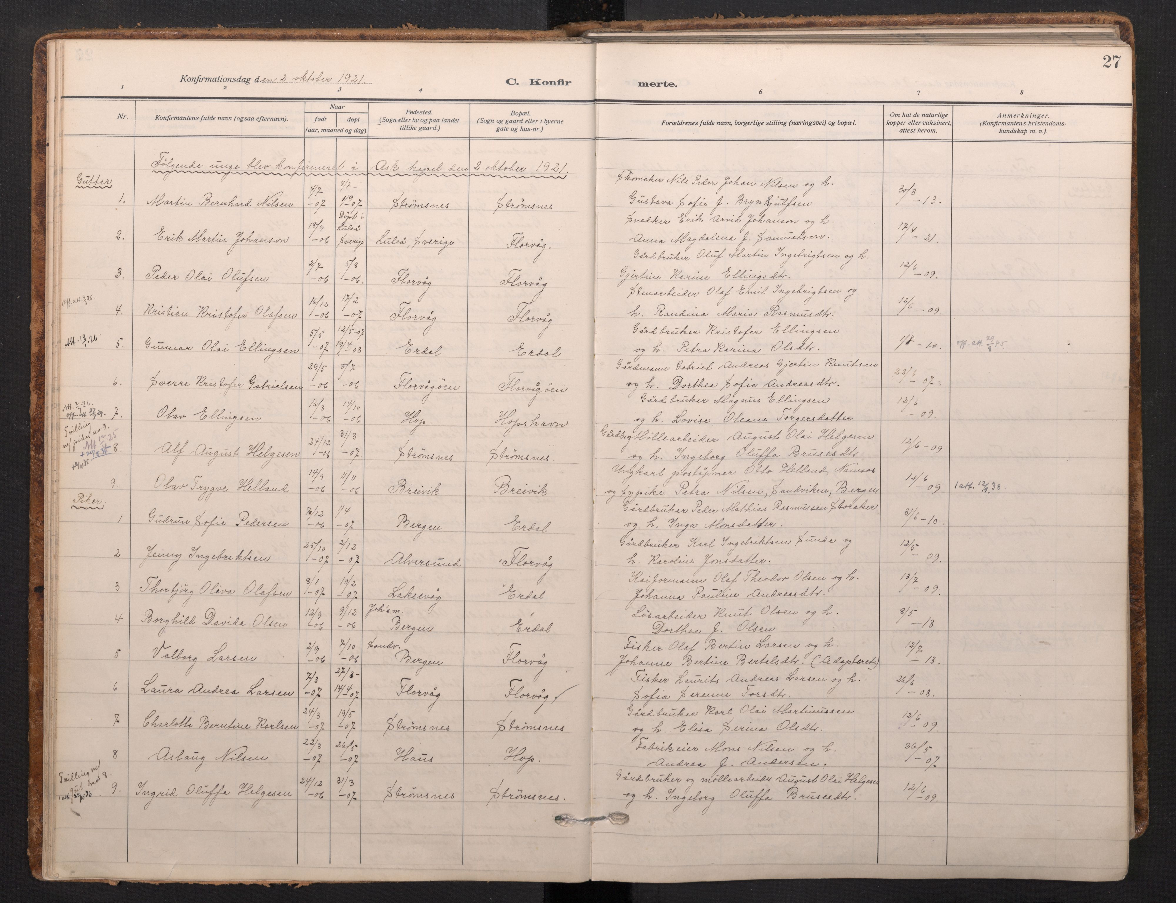 Askøy Sokneprestembete, AV/SAB-A-74101/H/Ha/Haa/Haad/L0002: Ministerialbok nr. D 2, 1915-1935, s. 27
