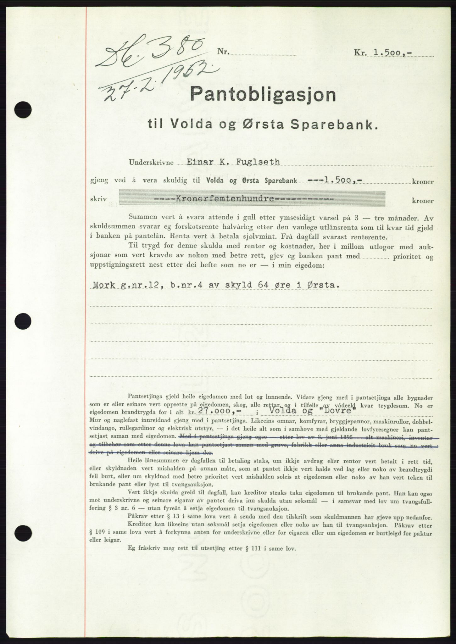 Søre Sunnmøre sorenskriveri, AV/SAT-A-4122/1/2/2C/L0121: Pantebok nr. 9B, 1951-1952, Dagboknr: 380/1952