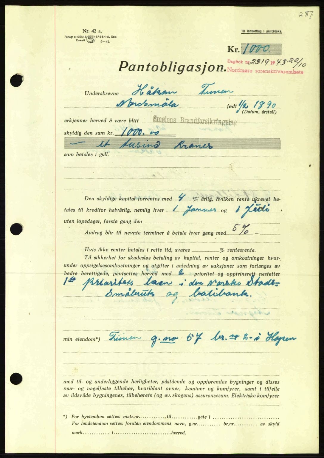 Nordmøre sorenskriveri, AV/SAT-A-4132/1/2/2Ca: Pantebok nr. B91, 1943-1944, Dagboknr: 2311/1943