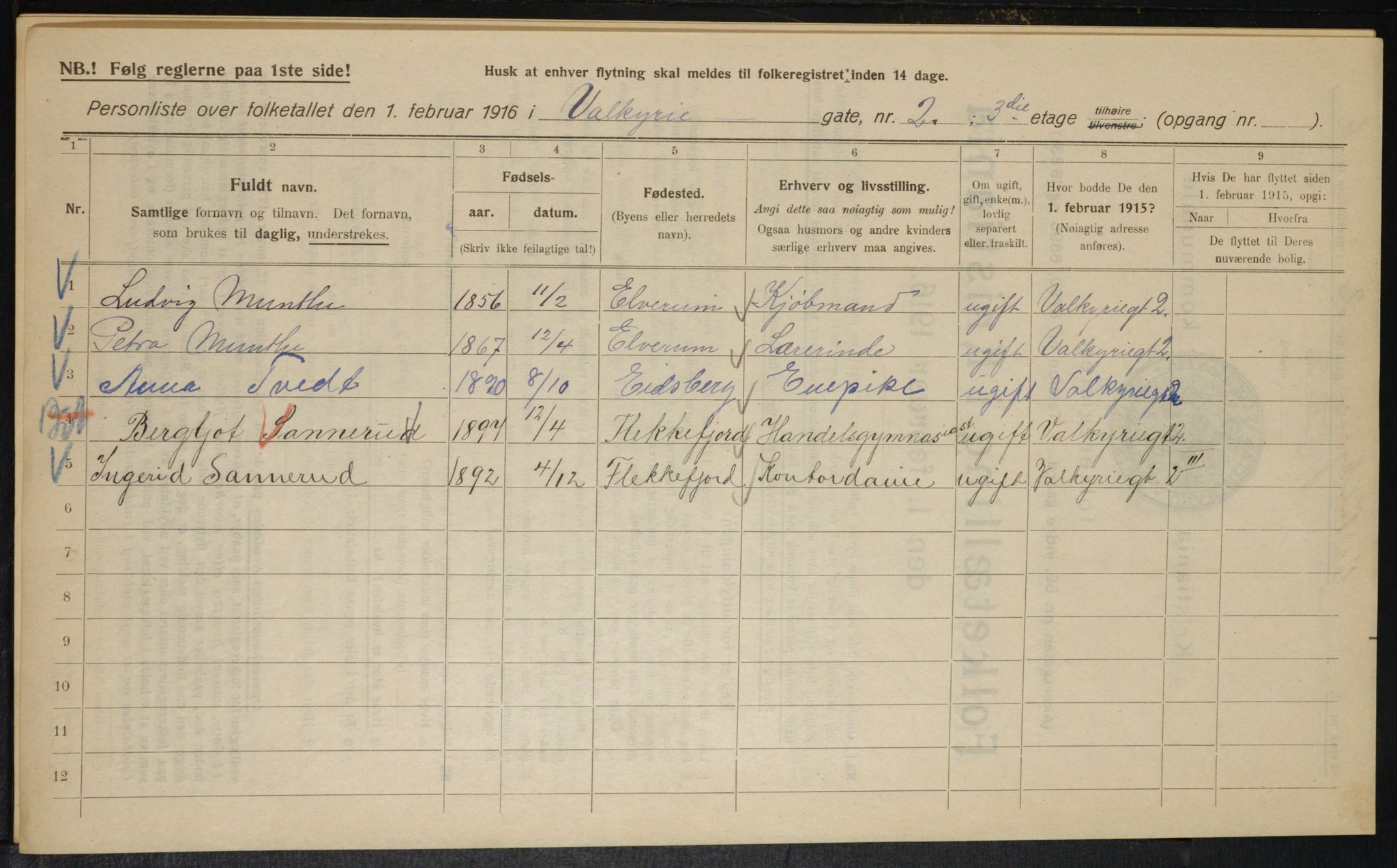 OBA, Kommunal folketelling 1.2.1916 for Kristiania, 1916, s. 125398