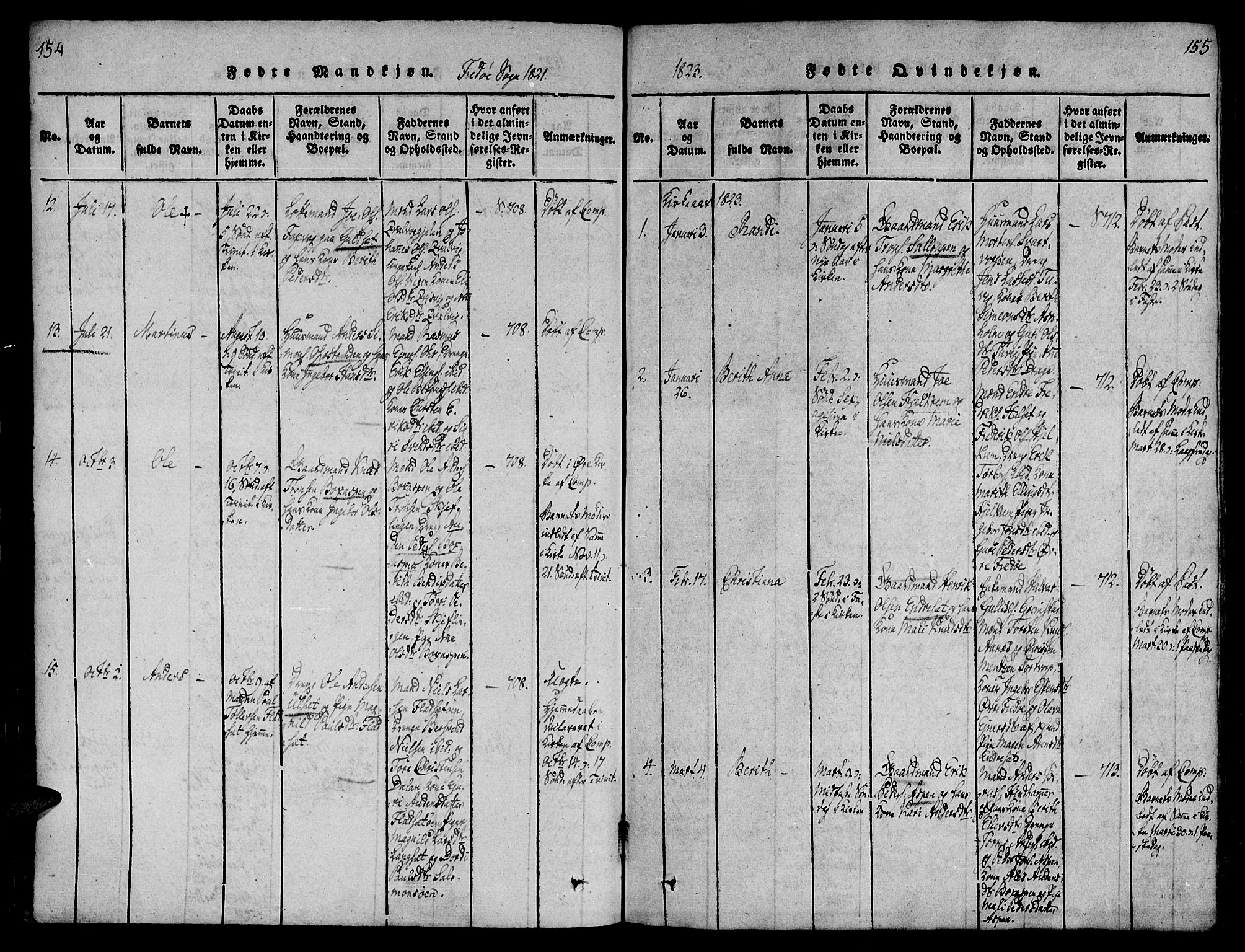 Ministerialprotokoller, klokkerbøker og fødselsregistre - Møre og Romsdal, SAT/A-1454/586/L0982: Ministerialbok nr. 586A08, 1819-1829, s. 154-155