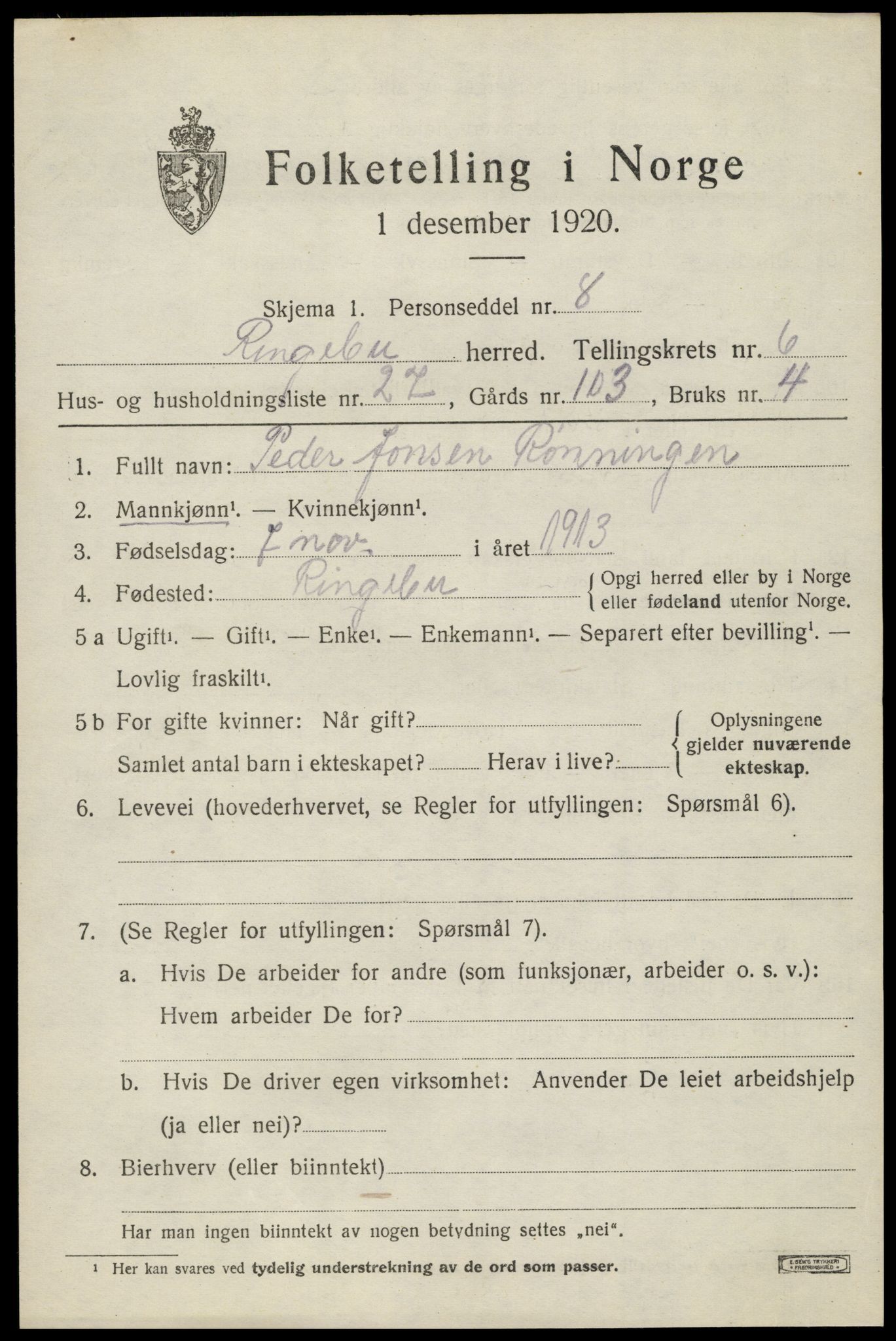 SAH, Folketelling 1920 for 0520 Ringebu herred, 1920, s. 7369