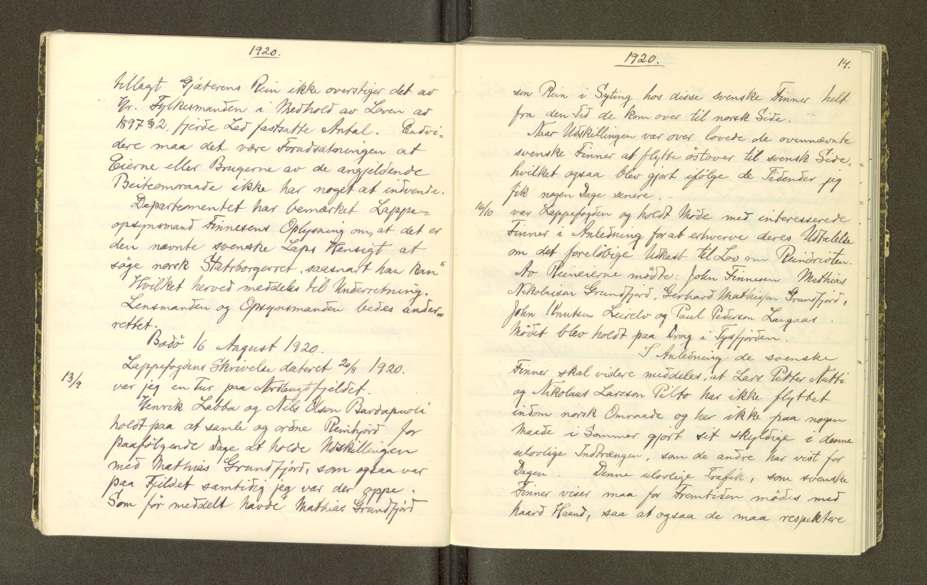 Reindriftsforvaltningen Nordland, AV/SAT-A-5309/H/L0012: Dagbok, Lappeoppsynsmannen i Hellemo, Mørkvatn og Hamarøy, 1918-1936, s. 14