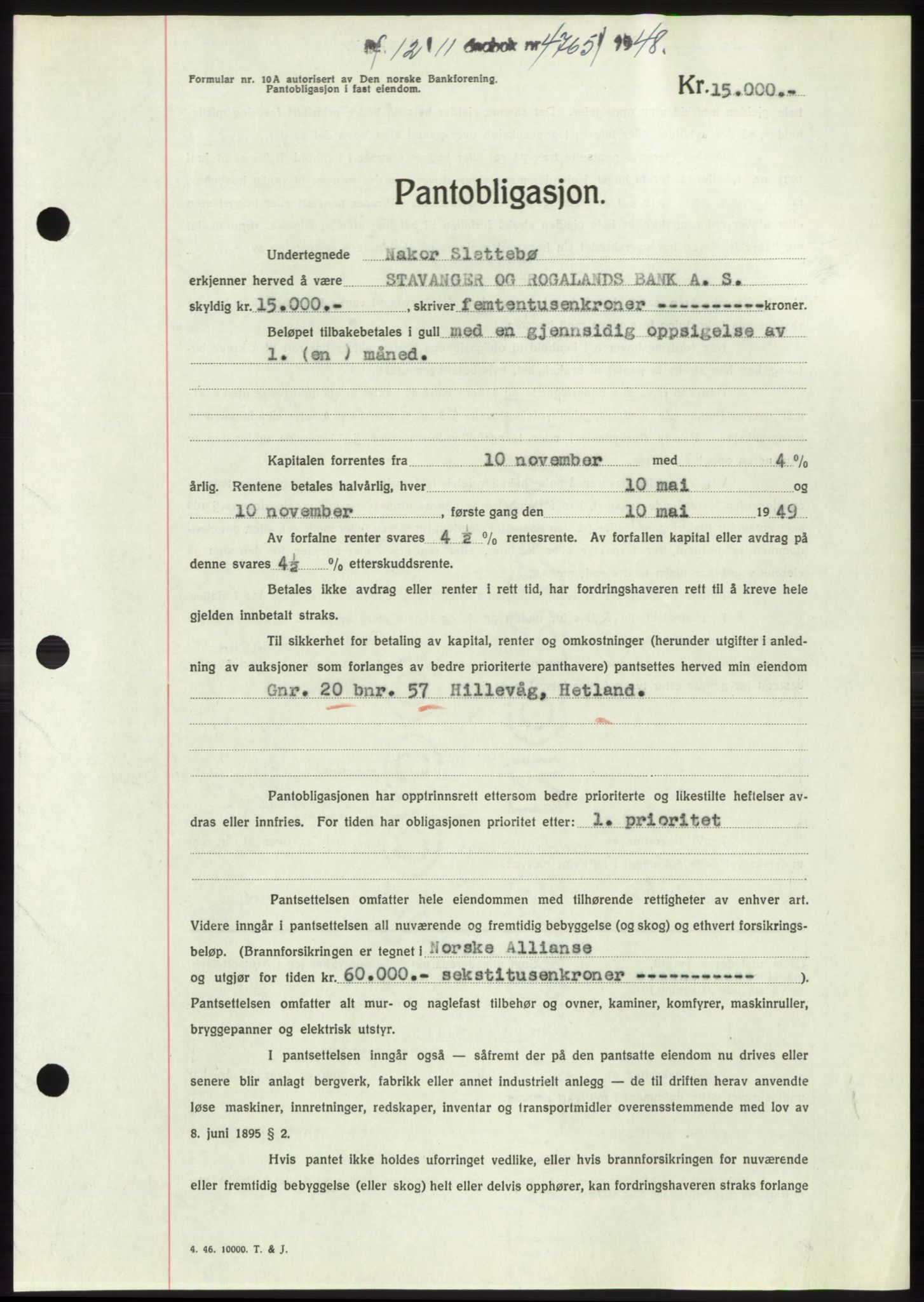 Jæren sorenskriveri, SAST/A-100310/03/G/Gba/L0100: Pantebok, 1948-1948, Dagboknr: 4765/1948