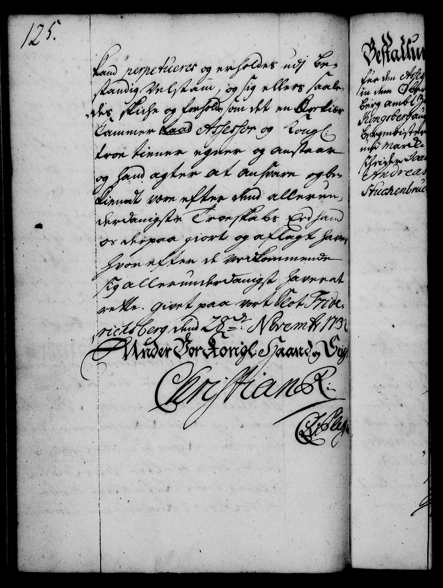 Rentekammeret, Kammerkanselliet, RA/EA-3111/G/Gg/Gge/L0002: Norsk bestallingsprotokoll med register (merket RK 53.26), 1730-1744, s. 125