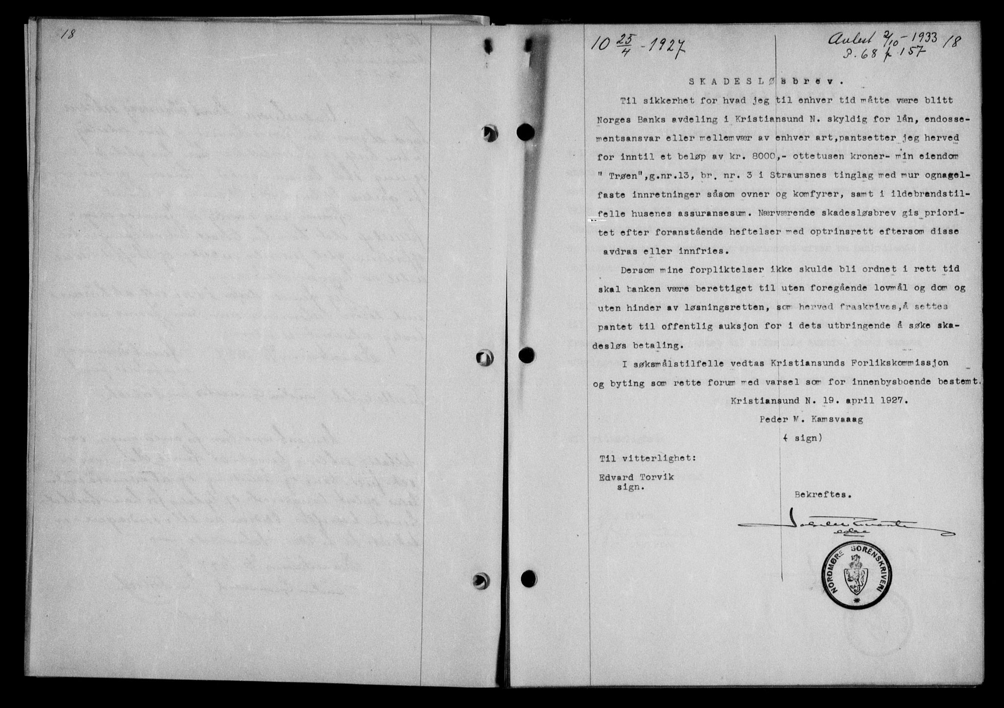 Nordmøre sorenskriveri, SAT/A-4132/1/2/2Ca/L0062: Pantebok nr. 52, 1927-1927, Tingl.dato: 25.04.1927