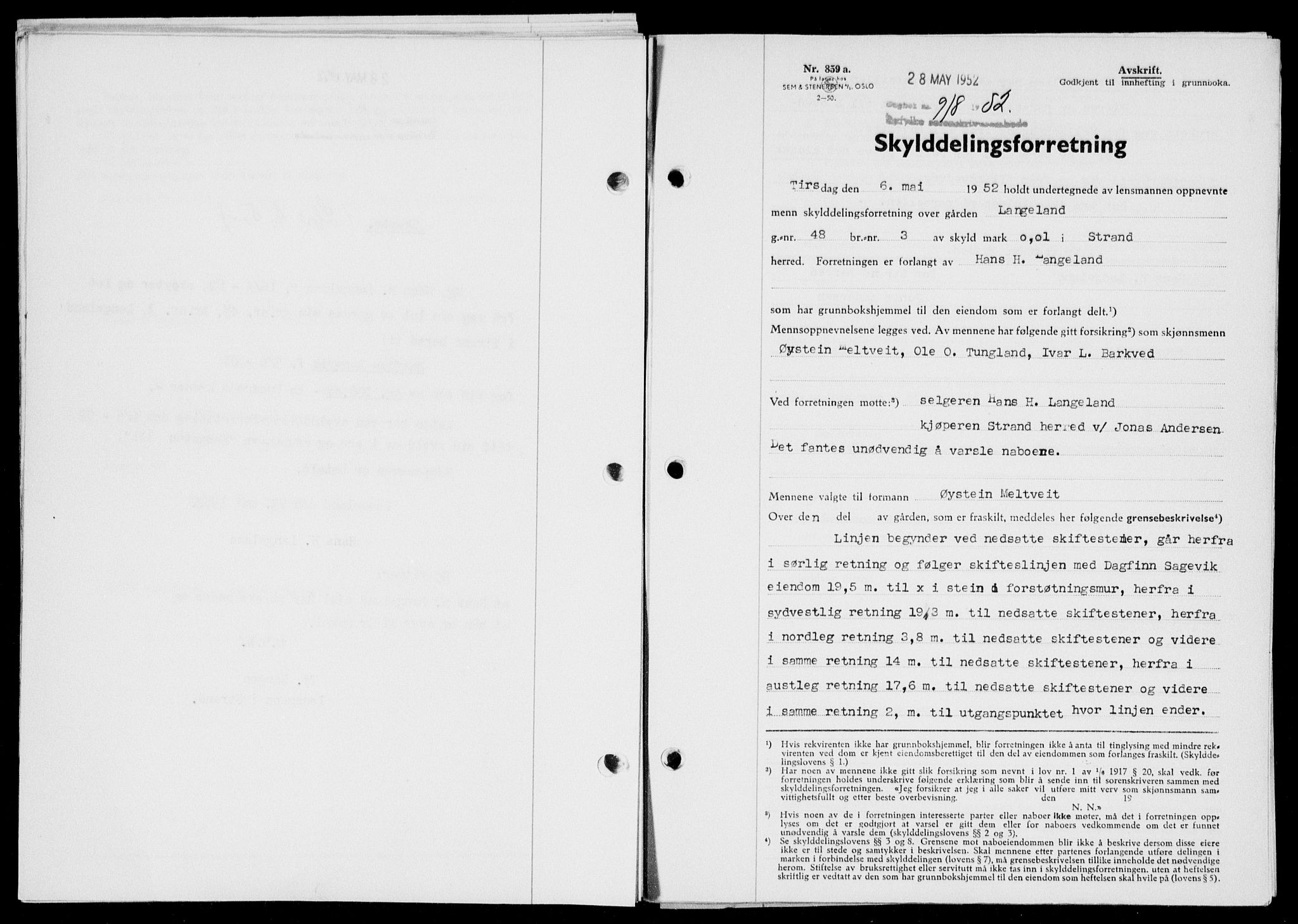 Ryfylke tingrett, SAST/A-100055/001/II/IIB/L0116: Pantebok nr. 95, 1951-1952, Dagboknr: 918/1952