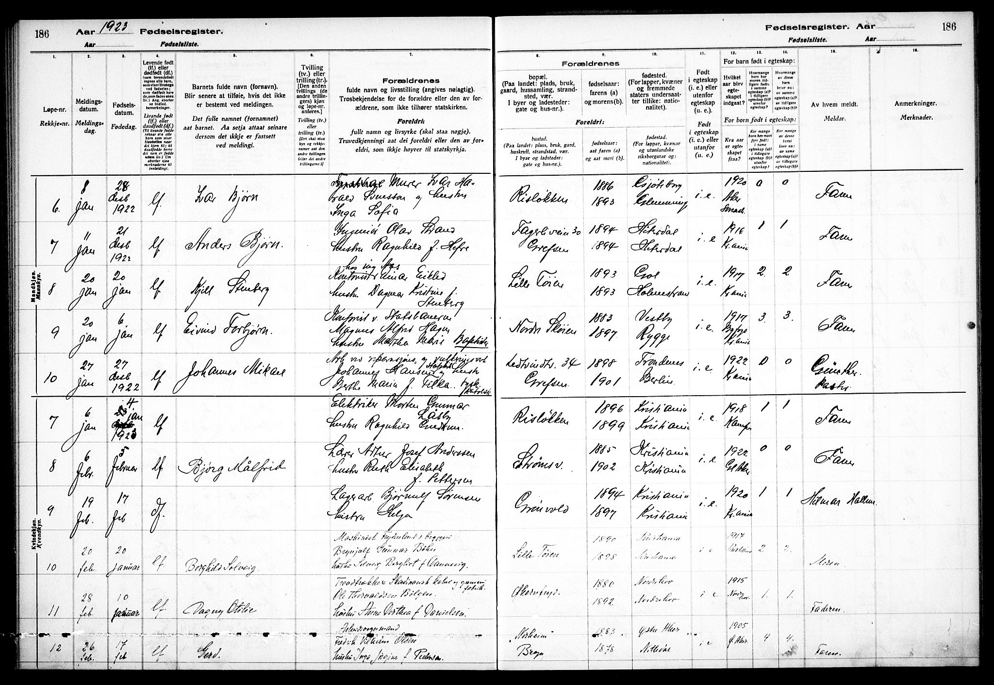 Østre Aker prestekontor Kirkebøker, AV/SAO-A-10840/J/Ja/L0001: Fødselsregister nr. I 1, 1916-1923, s. 186