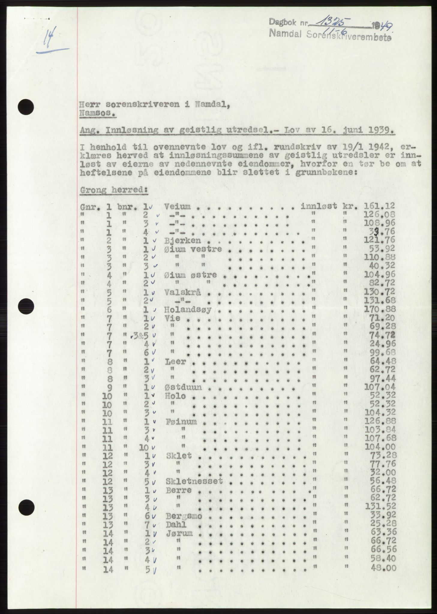 Namdal sorenskriveri, SAT/A-4133/1/2/2C: Pantebok nr. -, 1949-1949, Dagboknr: 1325/1949