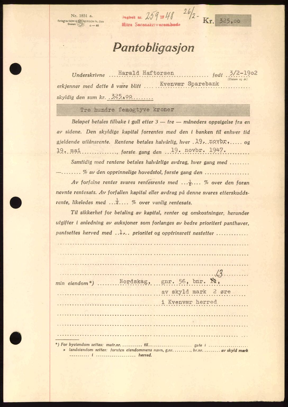 Hitra sorenskriveri, AV/SAT-A-0018/2/2C/2Ca: Pantebok nr. B1, 1939-1949, Dagboknr: 259/1948