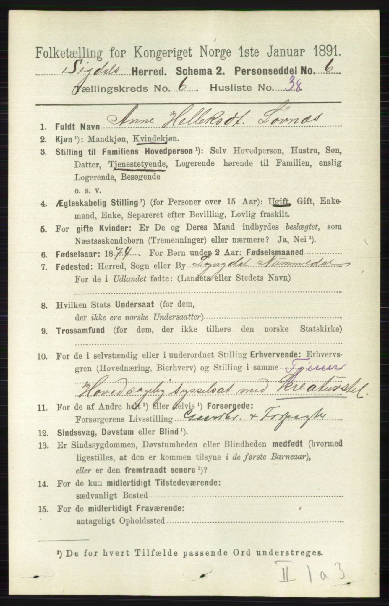 RA, Folketelling 1891 for 0621 Sigdal herred, 1891, s. 2632