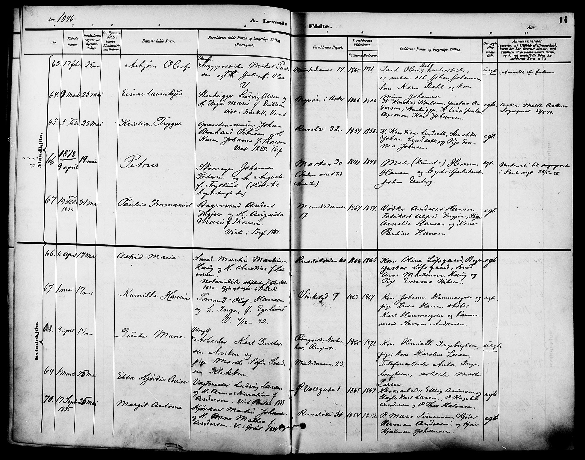 Johannes prestekontor Kirkebøker, AV/SAO-A-10852/F/Fa/L0007: Ministerialbok nr. 7, 1896-1905, s. 14