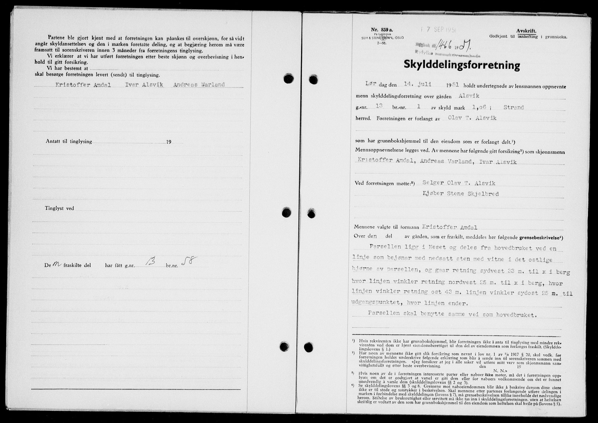 Ryfylke tingrett, SAST/A-100055/001/II/IIB/L0114: Pantebok nr. 93, 1951-1951, Dagboknr: 1466/1951