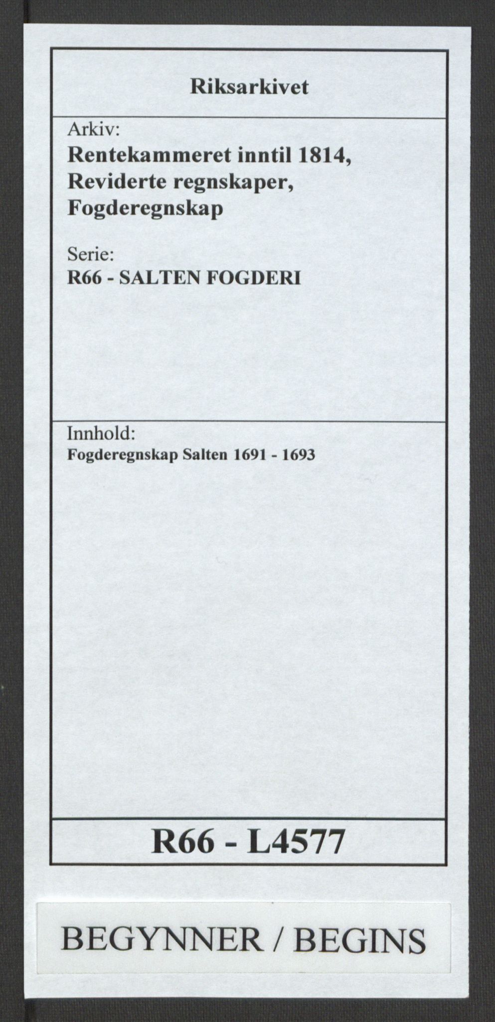 Rentekammeret inntil 1814, Reviderte regnskaper, Fogderegnskap, RA/EA-4092/R66/L4577: Fogderegnskap Salten, 1691-1693, s. 1