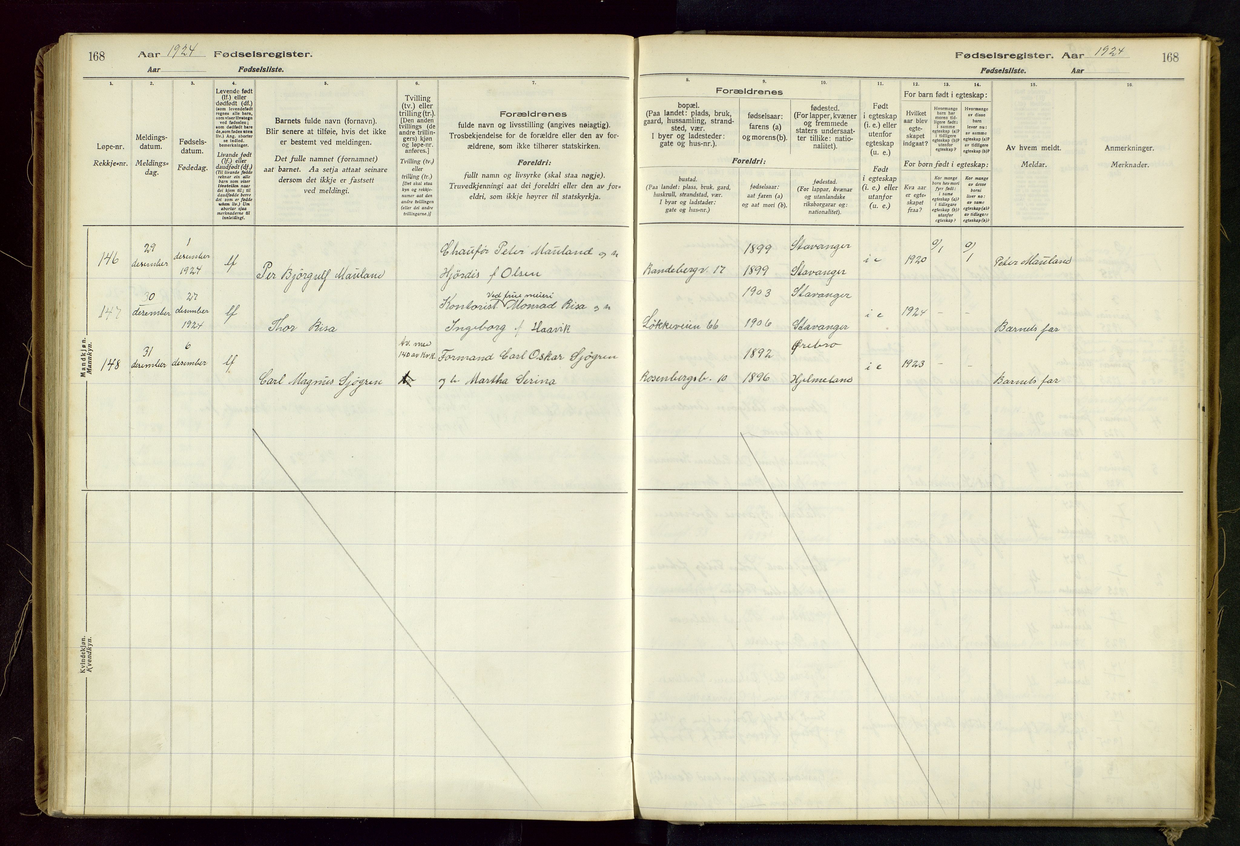 Domkirken sokneprestkontor, SAST/A-101812/002/B/L0002: Fødselsregister nr. 2, 1920-1925, s. 168