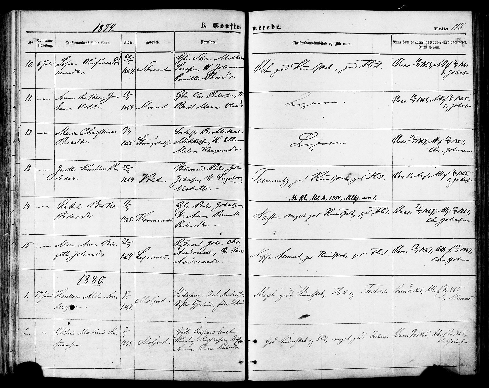 Ministerialprotokoller, klokkerbøker og fødselsregistre - Nordland, AV/SAT-A-1459/846/L0645: Ministerialbok nr. 846A03, 1872-1886, s. 148