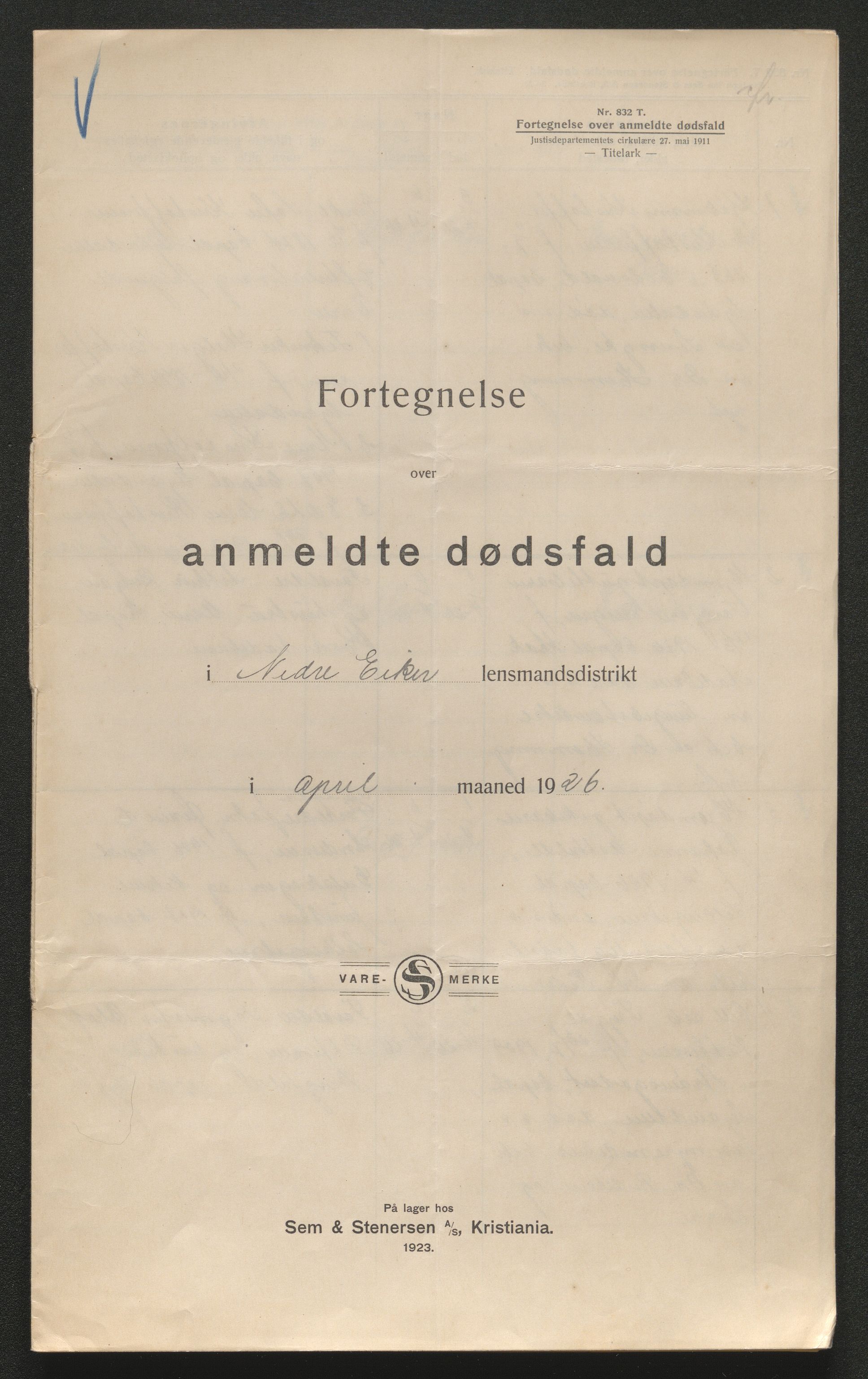 Eiker, Modum og Sigdal sorenskriveri, SAKO/A-123/H/Ha/Hab/L0044: Dødsfallsmeldinger, 1926-1927, s. 160