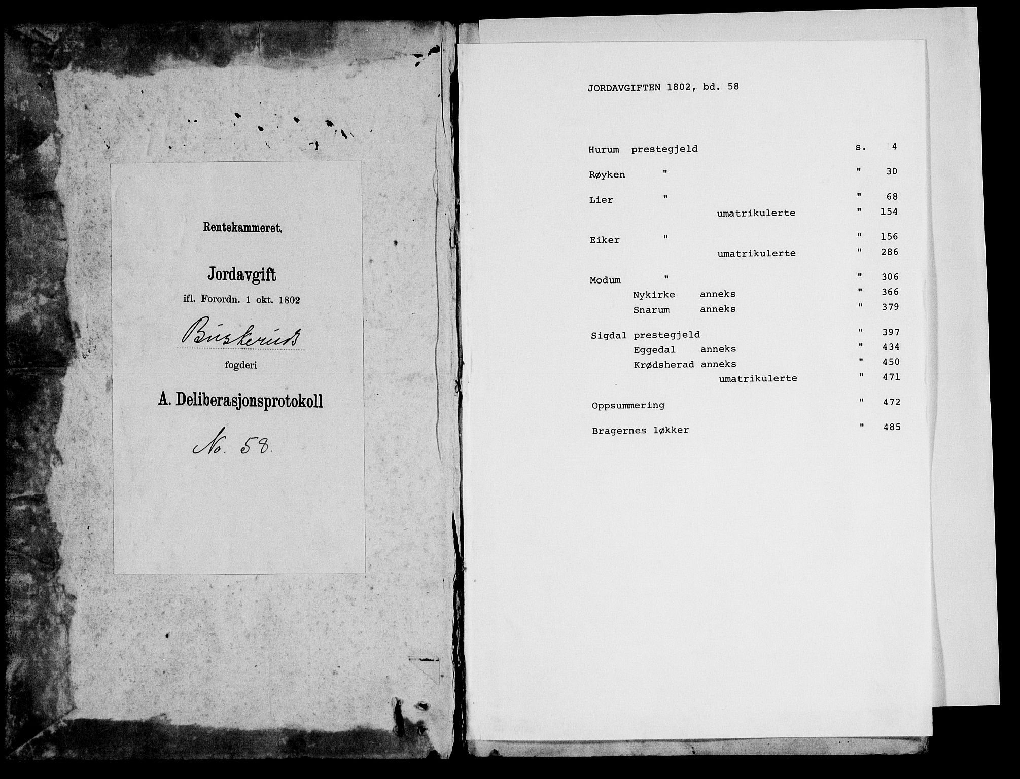 Rentekammeret inntil 1814, Realistisk ordnet avdeling, RA/EA-4070/N/Ne/Nea/L0058: Buskerud fogderi. Deliberasjonsprotokoll, 1803, s. 1