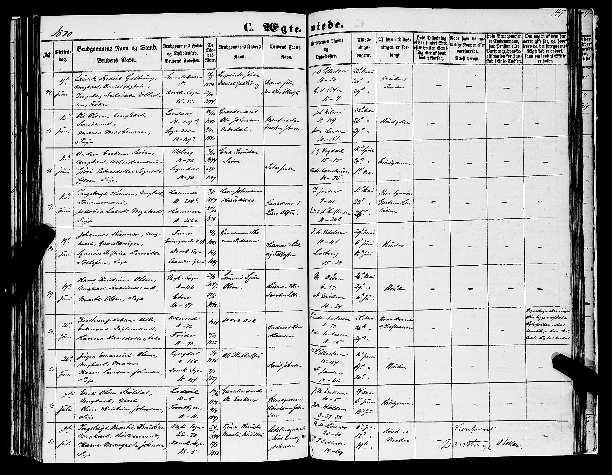 Domkirken sokneprestembete, SAB/A-74801/H/Haa/L0034: Ministerialbok nr. D 2, 1853-1874, s. 147