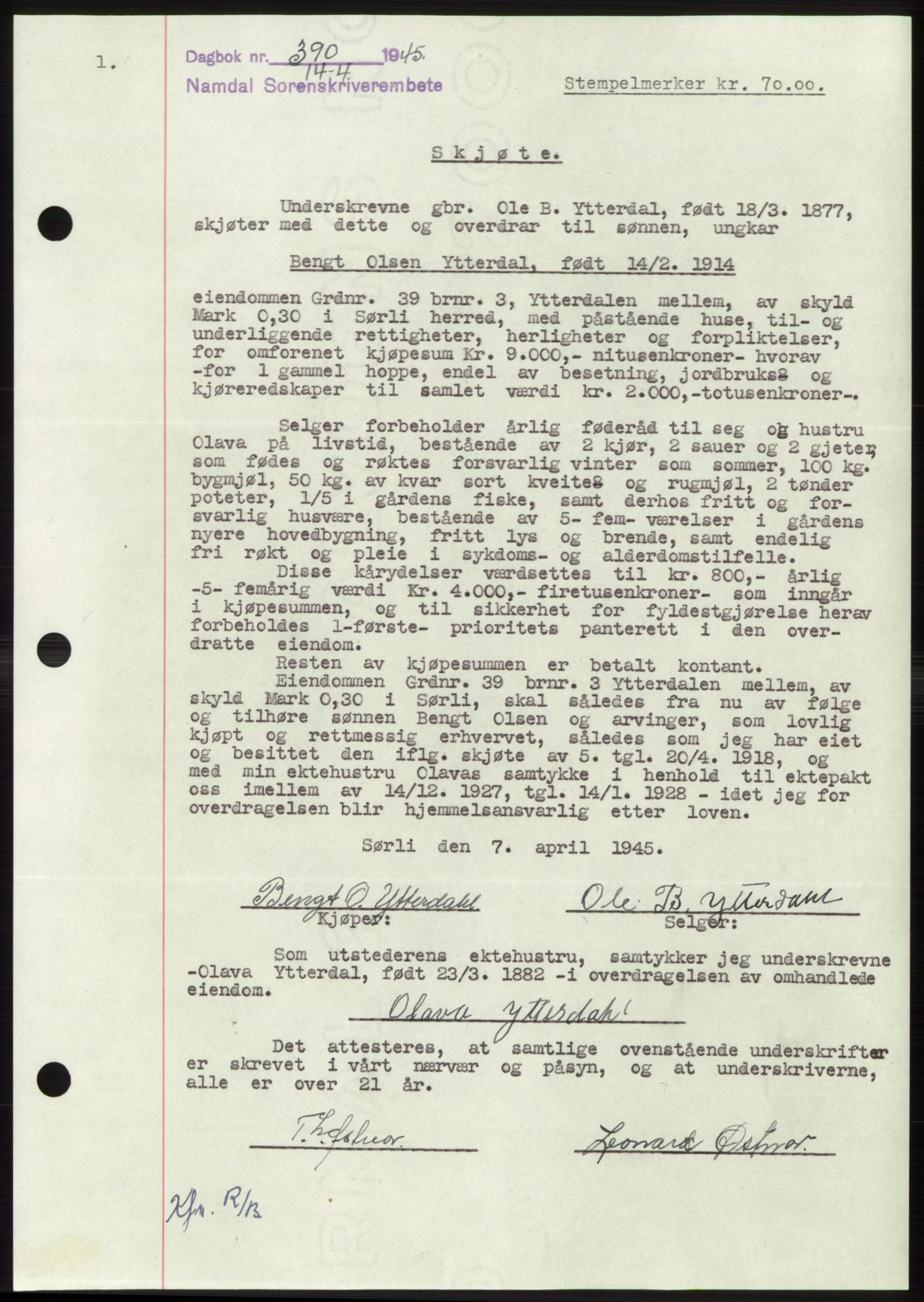 Namdal sorenskriveri, SAT/A-4133/1/2/2C: Pantebok nr. -, 1944-1945, Dagboknr: 390/1945