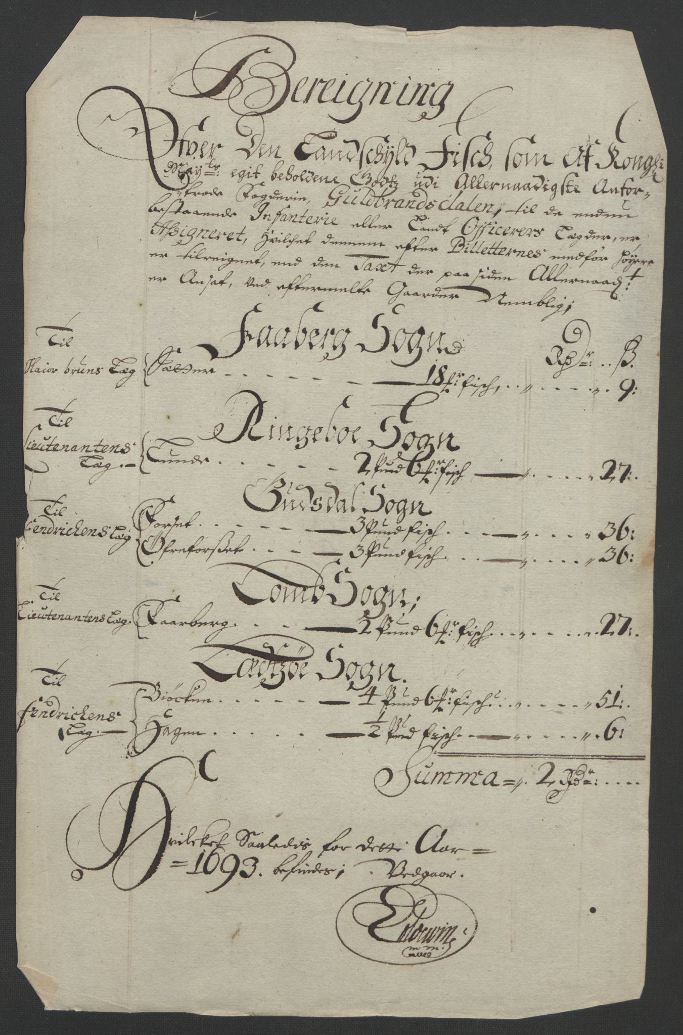 Rentekammeret inntil 1814, Reviderte regnskaper, Fogderegnskap, AV/RA-EA-4092/R17/L1167: Fogderegnskap Gudbrandsdal, 1693, s. 285