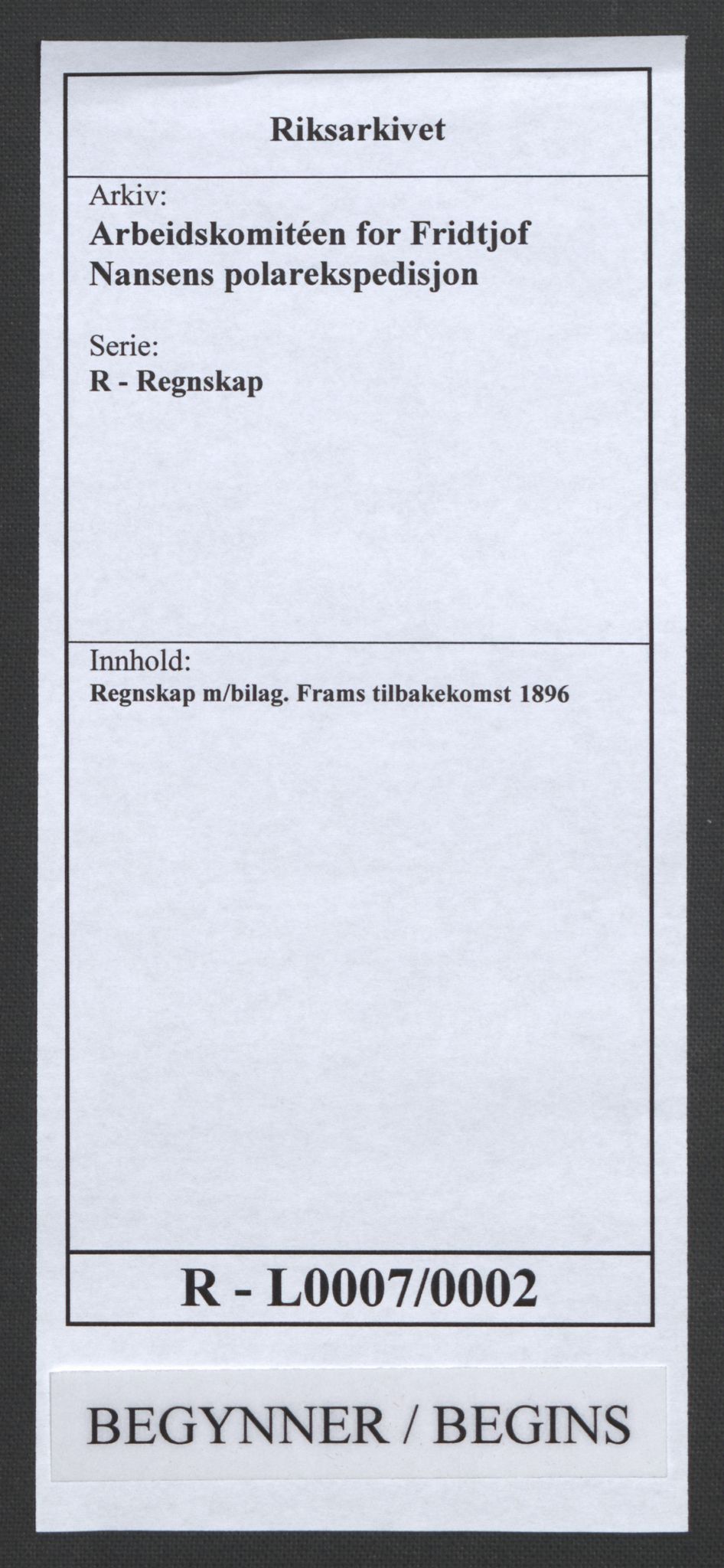 Arbeidskomitéen for Fridtjof Nansens polarekspedisjon, RA/PA-0061/R/L0007/0002: Regnskap / Regnskap m/bilag. Frams tilbakekomst, 1896