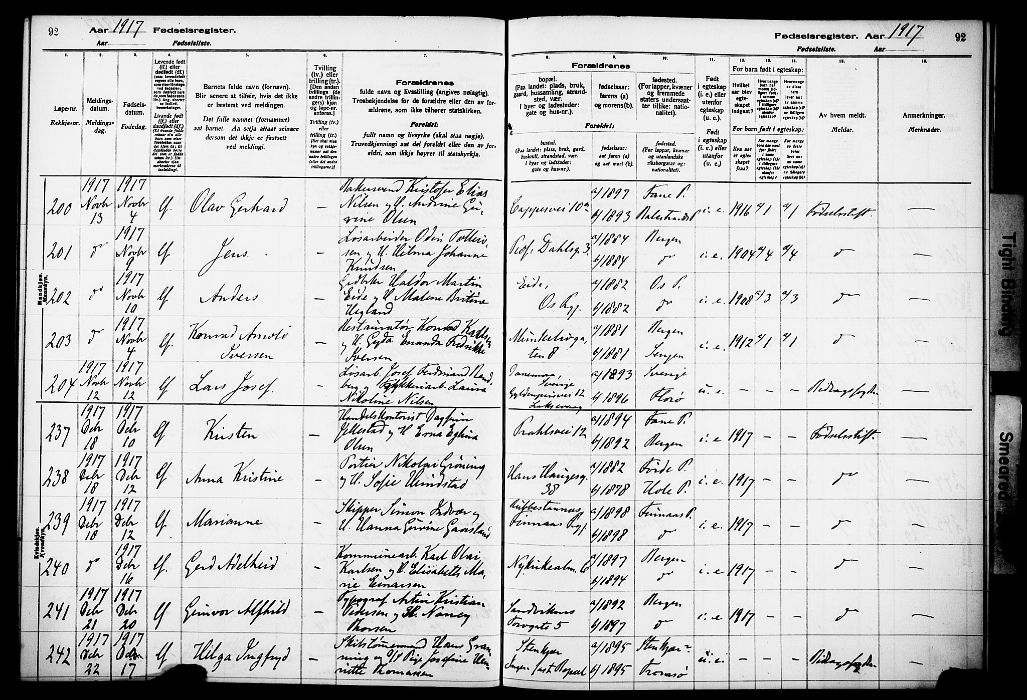 Kvinneklinikken, AV/SAB-A-76301/F/L0A01: Fødselsregister nr. A 1, 1916-1920, s. 92