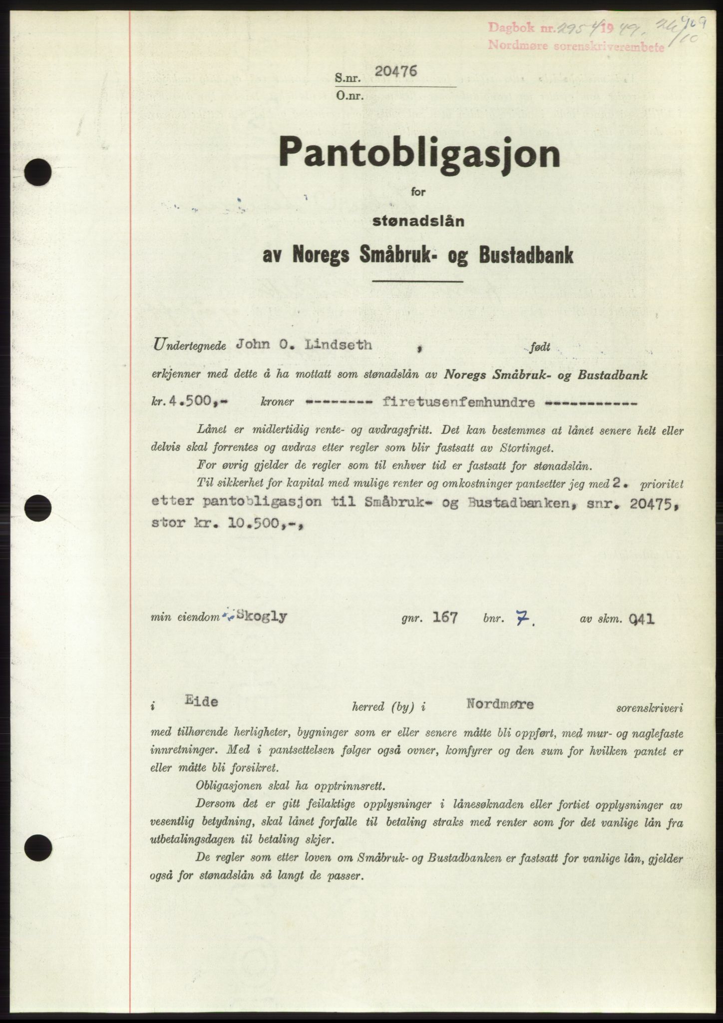 Nordmøre sorenskriveri, AV/SAT-A-4132/1/2/2Ca: Pantebok nr. B102, 1949-1949, Dagboknr: 2954/1949