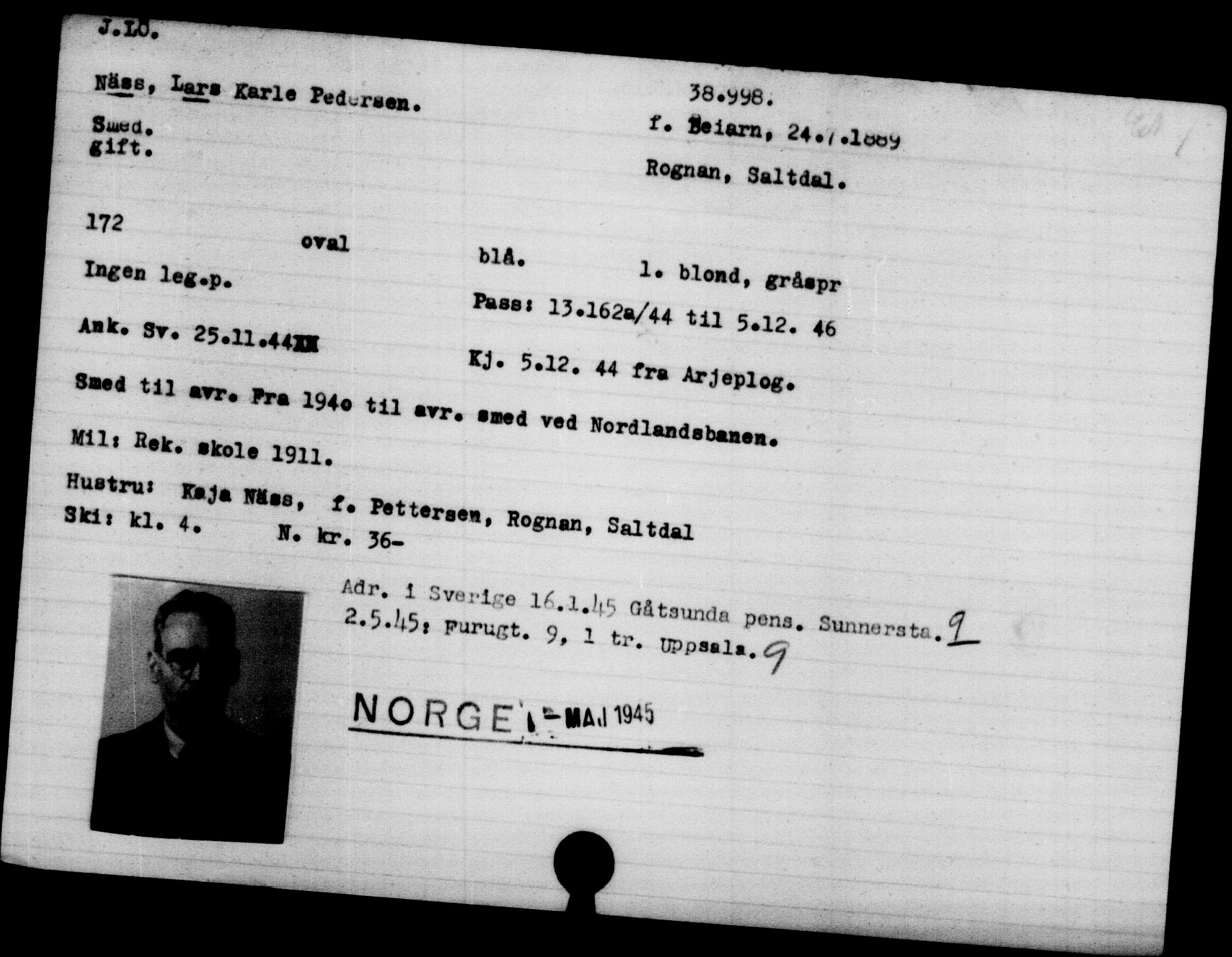 Utenriksstasjonene, Legasjonen i Stockholm, Flyktningkontoret, AV/RA-S-6753/V/Va/L0015: Kjesäterkartoteket, flyktninger med registreringsnr. 37800-40770, 1940-1945, s. 1230